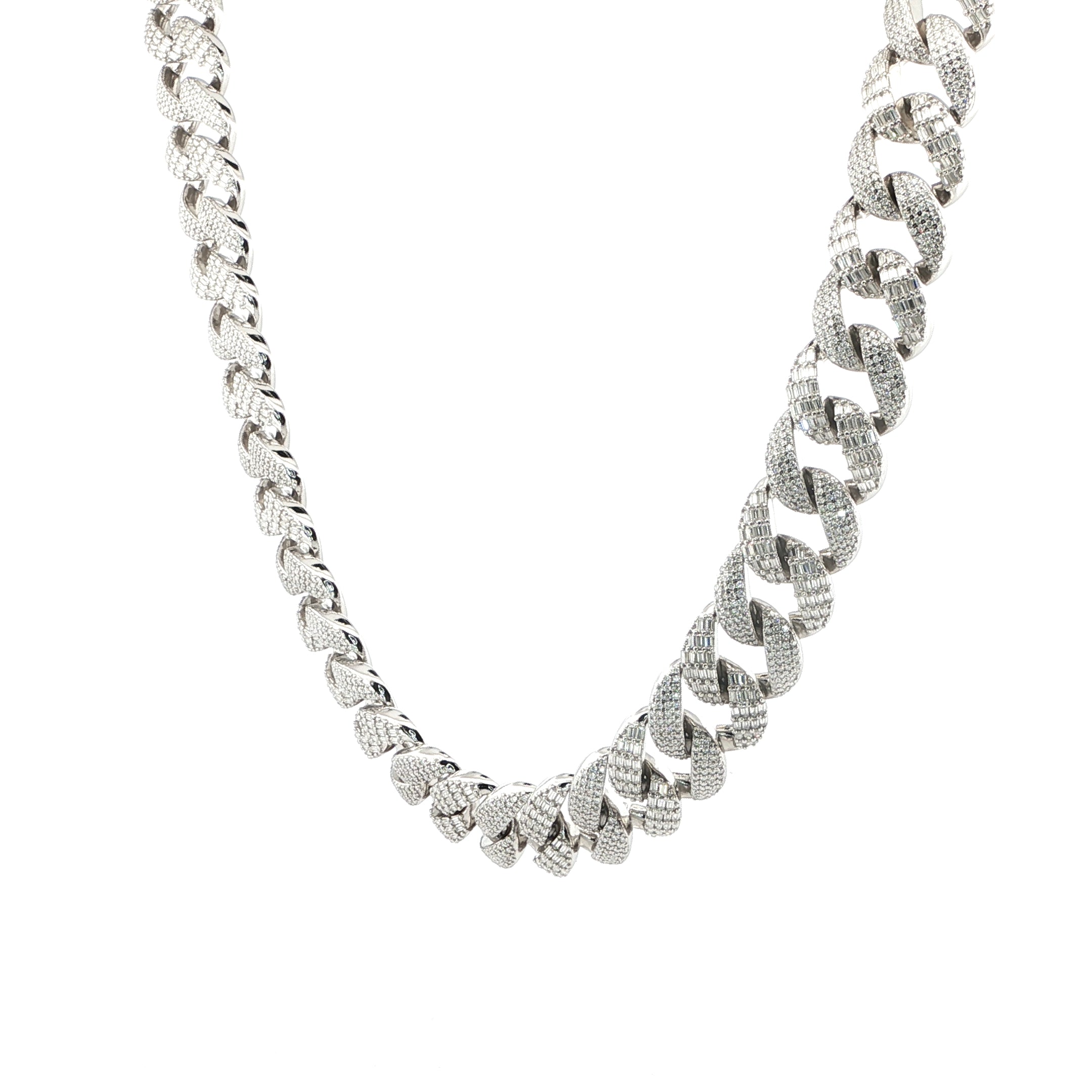 Sterling Silver Solid Miami Cuban Chain Necklace, 16mm, VVS Moissanite Stones, 42.21 Total Carats