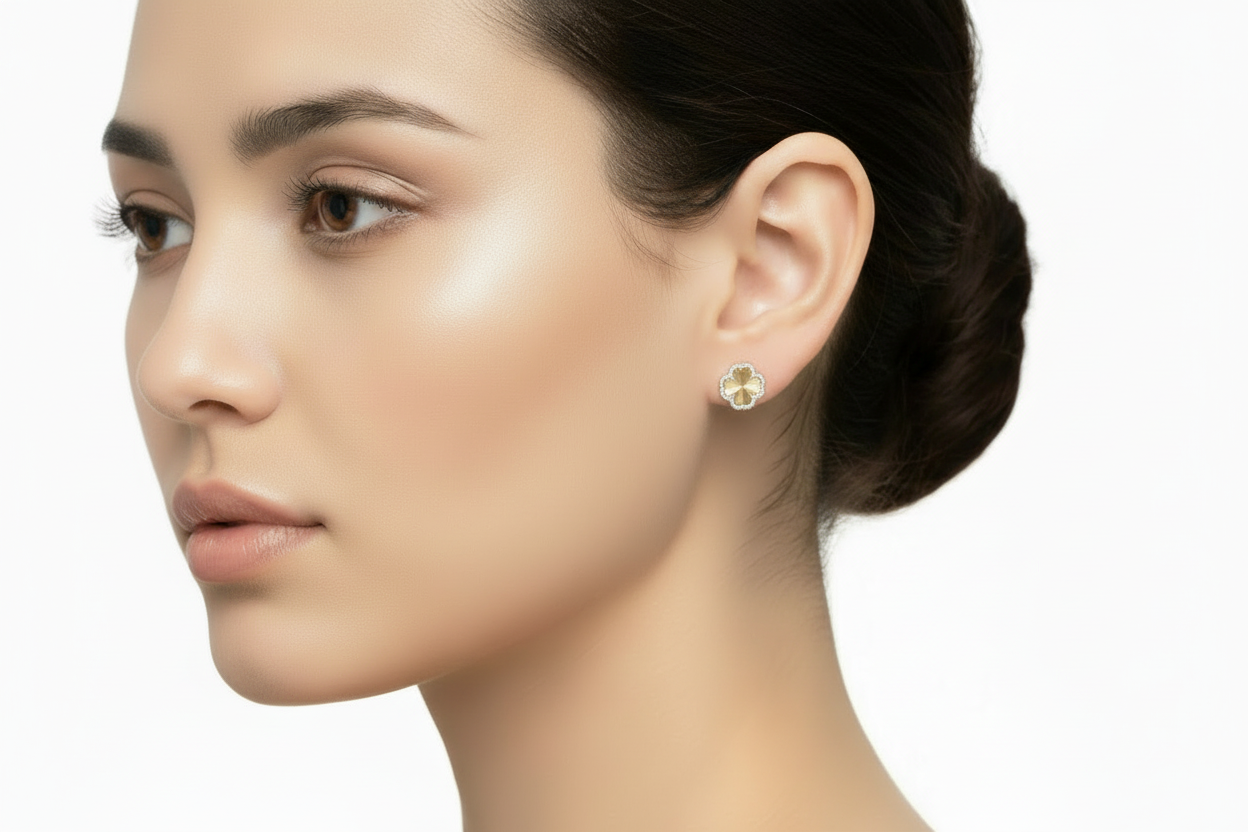 10K Yellow Gold Clover Earrings Diamond Halo – 0.14 CTW