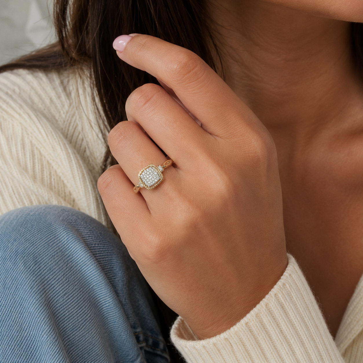 10K Gold Cushion Cluster Diamond Ring