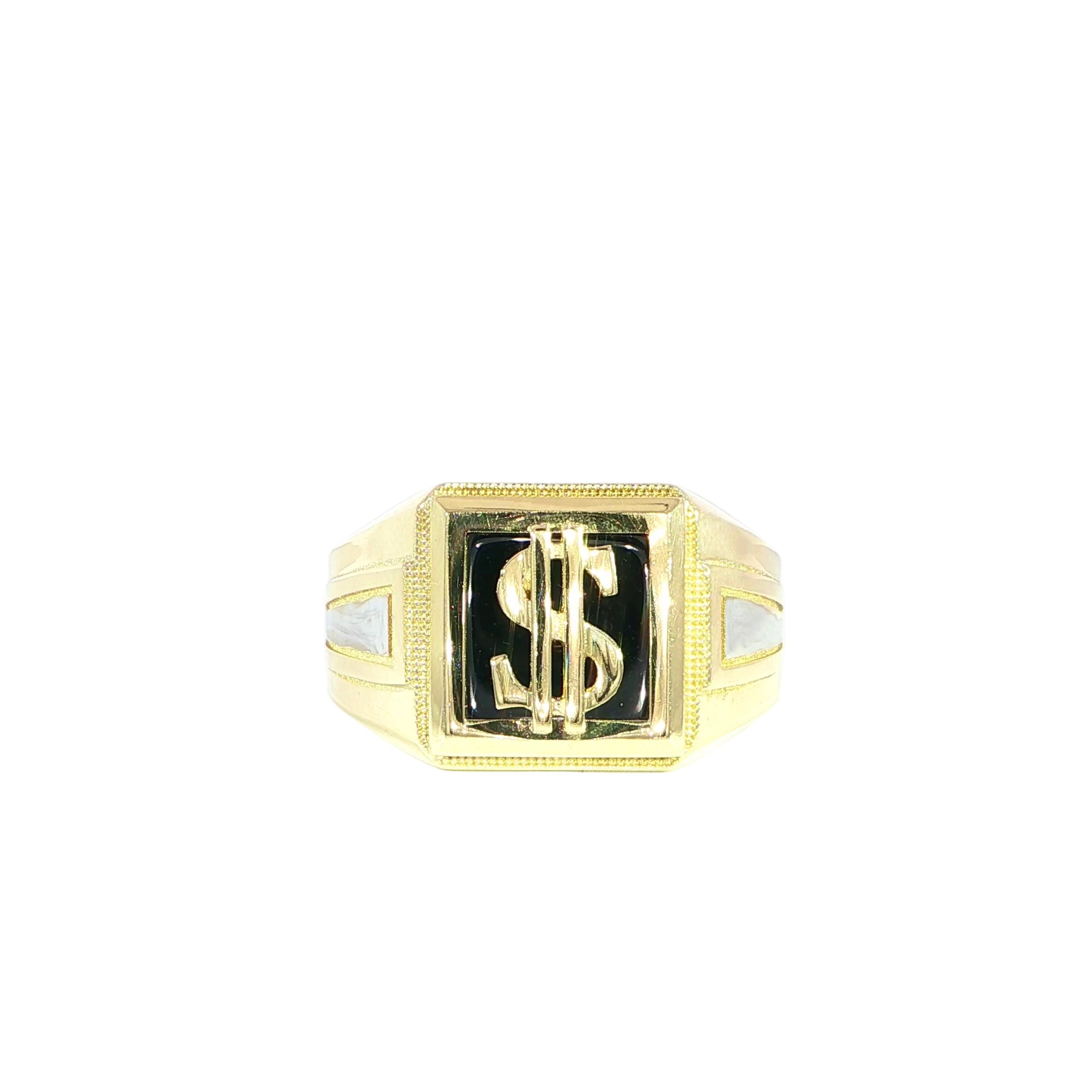 10k gold dollar sign onyx signet ring front