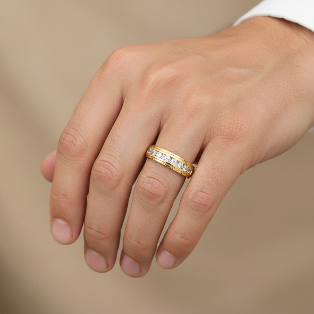 10k yellow gold channel set diamond band 6.5mm