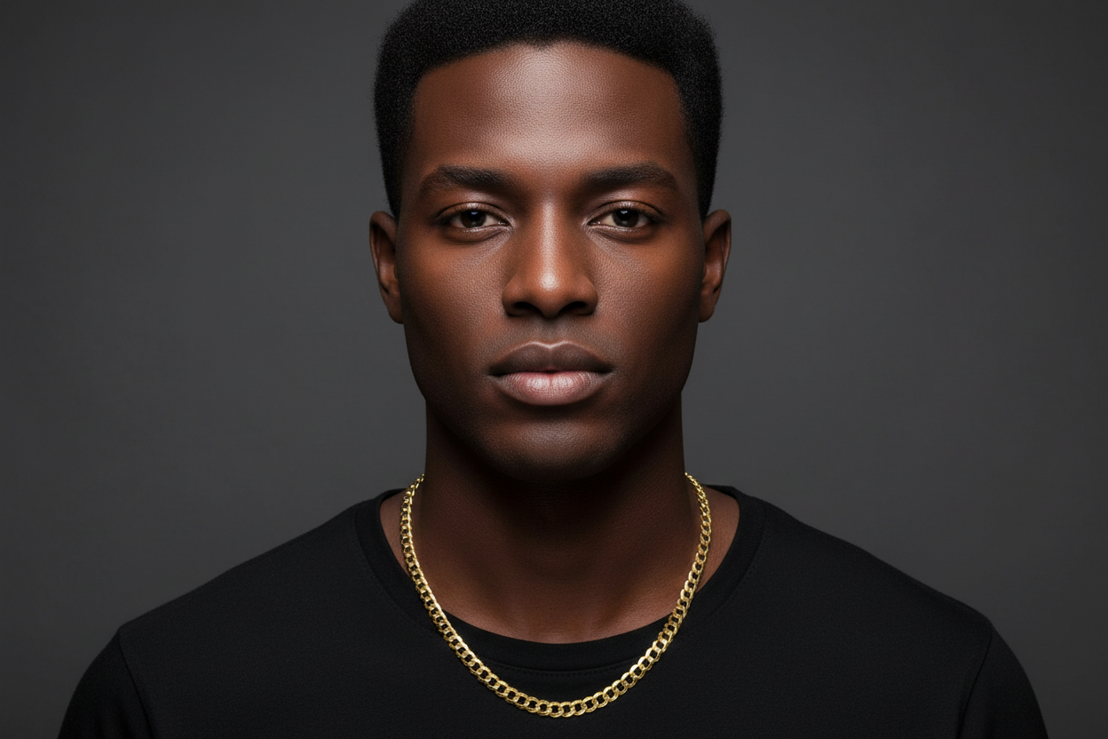 Model Wearing 10K Yellow Gold Curb Necklace In 8.5MM Solid Gold Chain Style.
