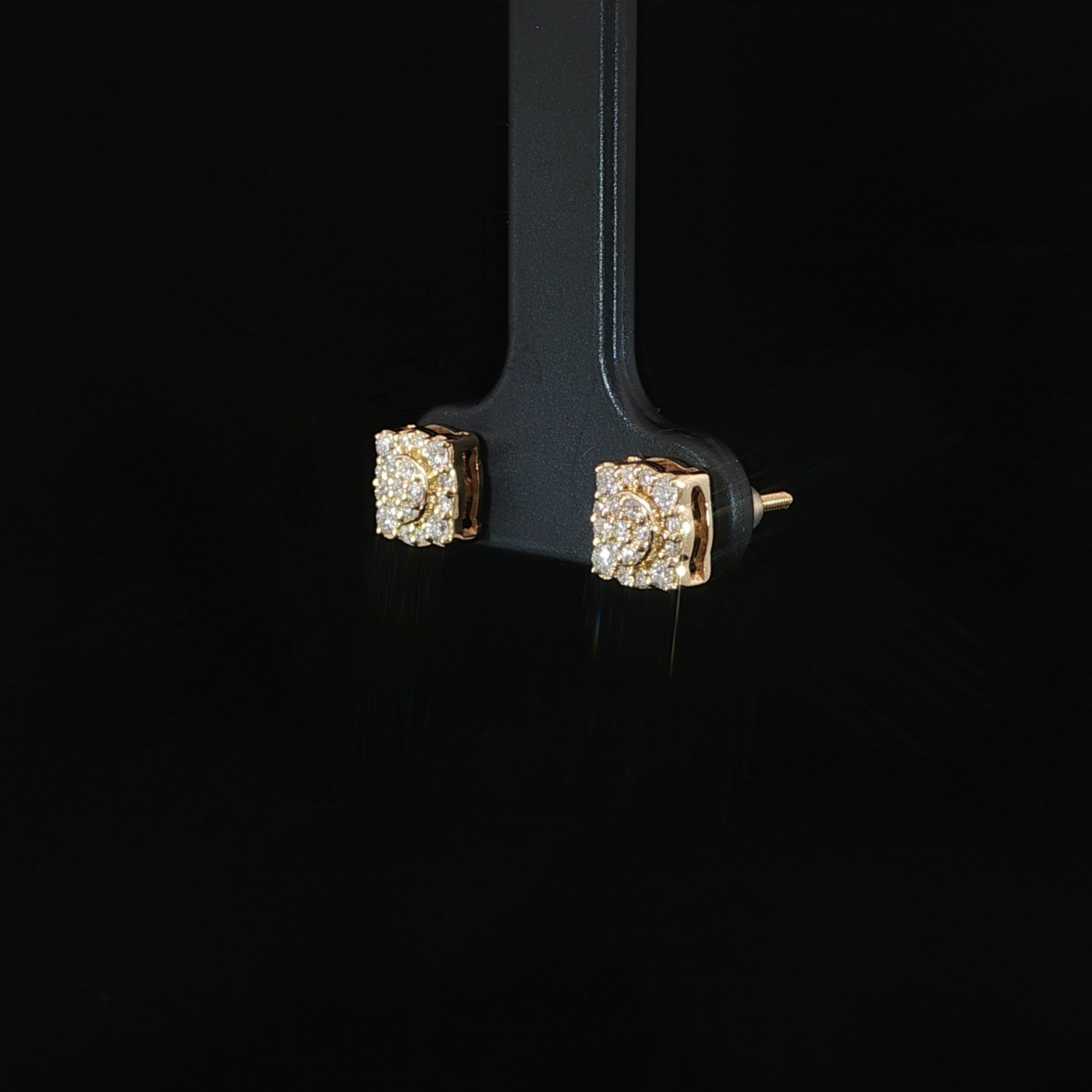 Side profile of 10K yellow gold cushion halo diamond earrings