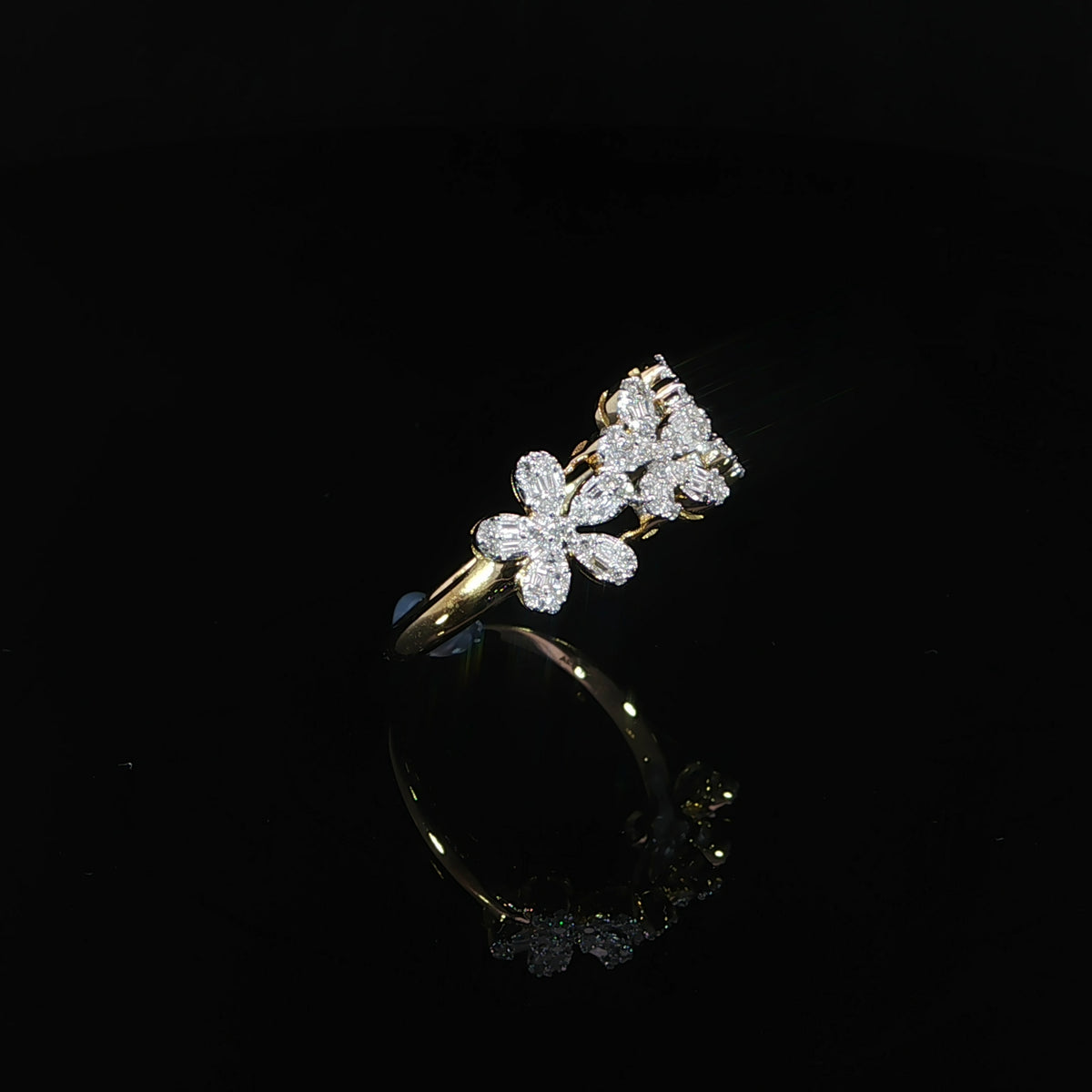 Yellow gold floral baguette diamond ring three quarter view