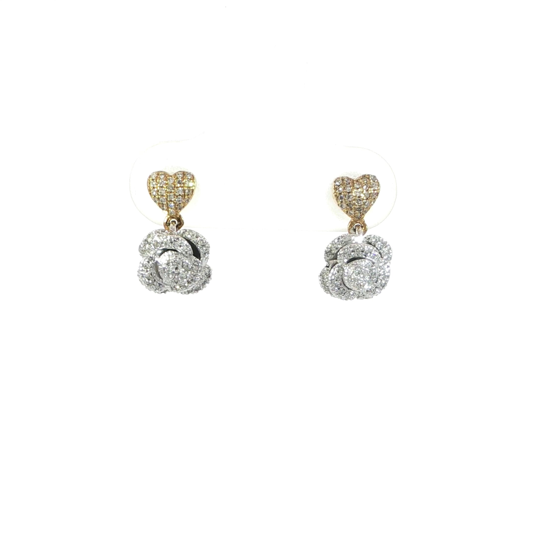 10K yellow gold heart and flower drop earrings with 0.16 CTW natural SI diamonds