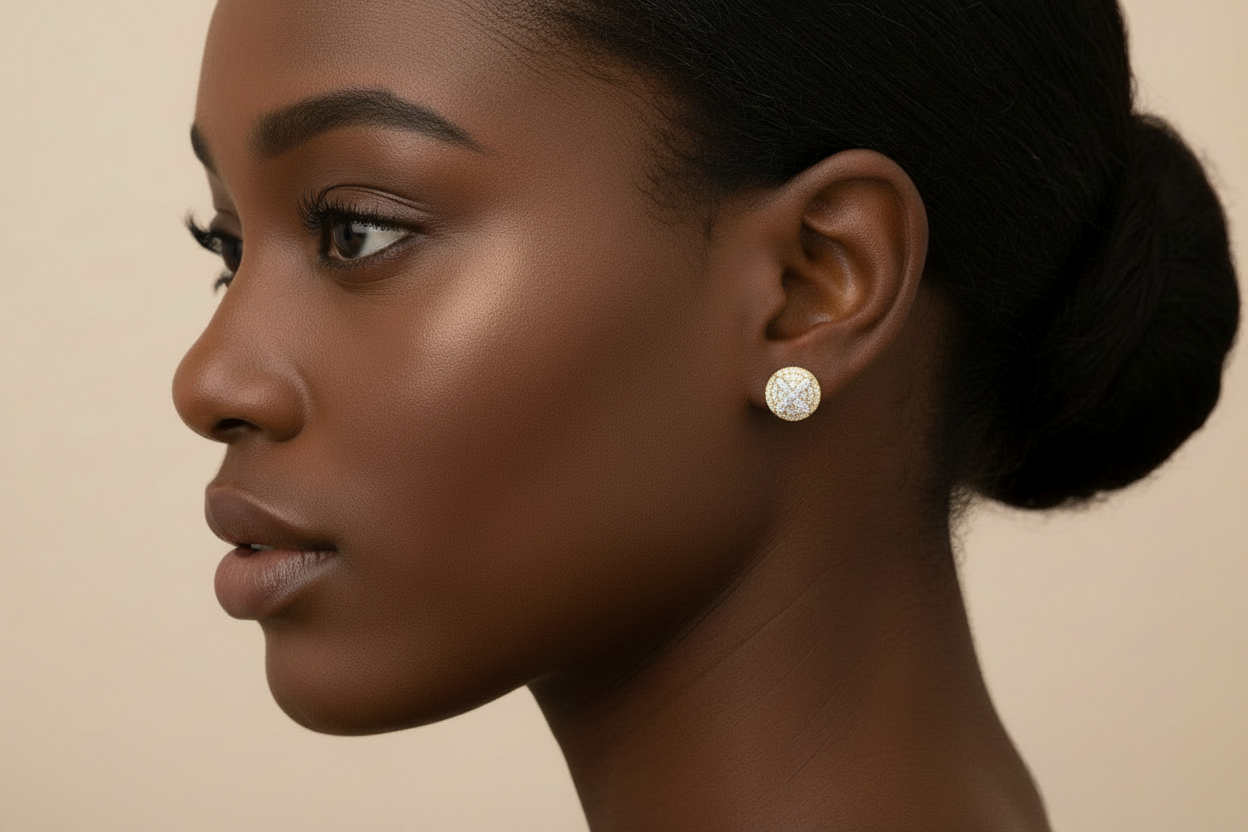 Model wearing round 10MM yellow gold pavé diamond stud earrings