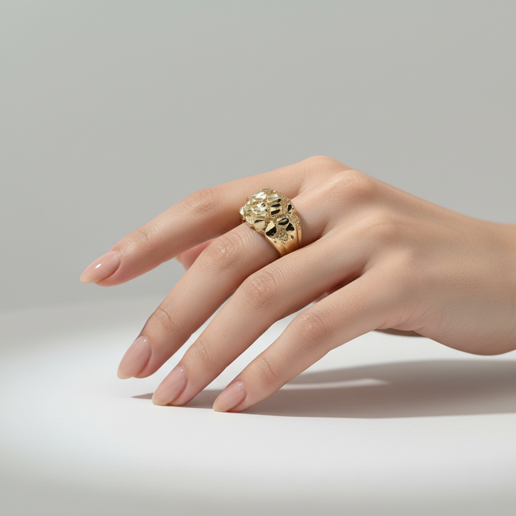 Bold 14K Yellow Gold Nugget Ring Hand Model