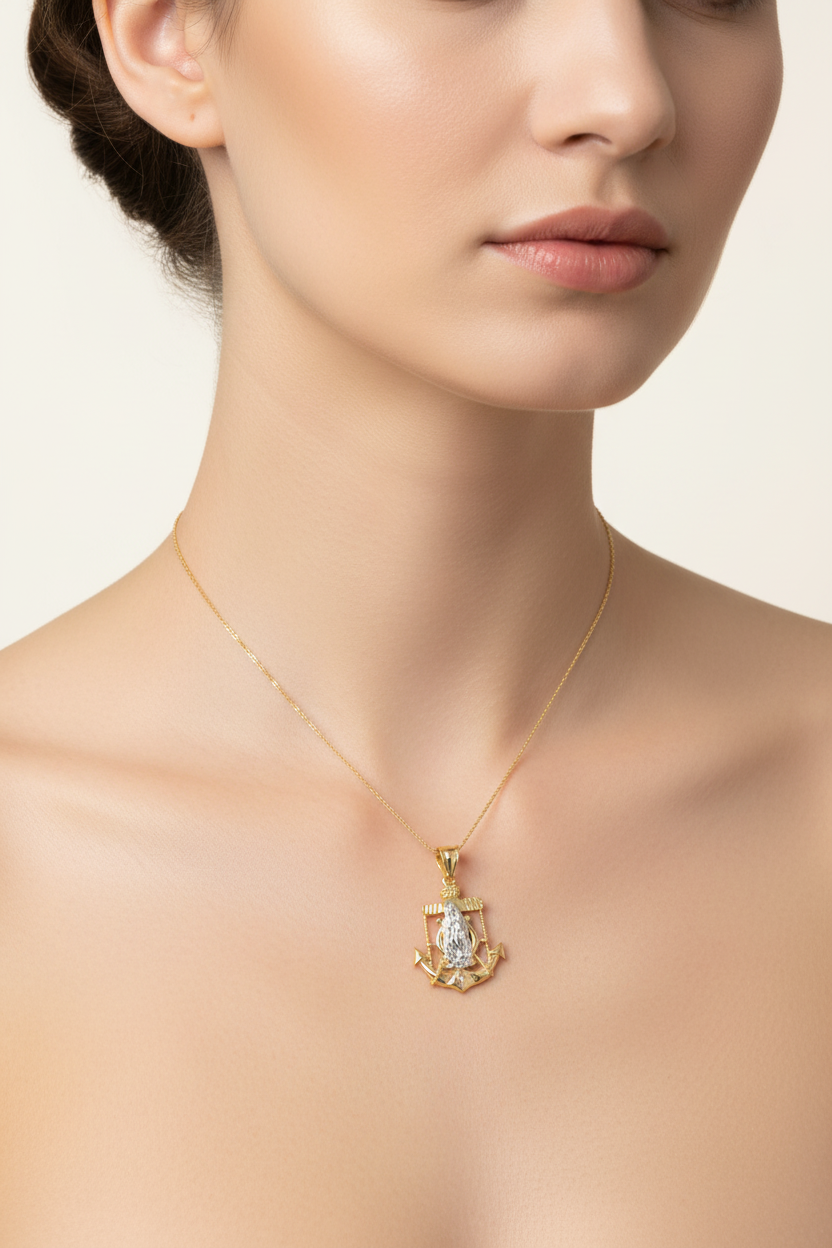 14K Two-Tone Gold Virgin Mary Anchor Pendant
