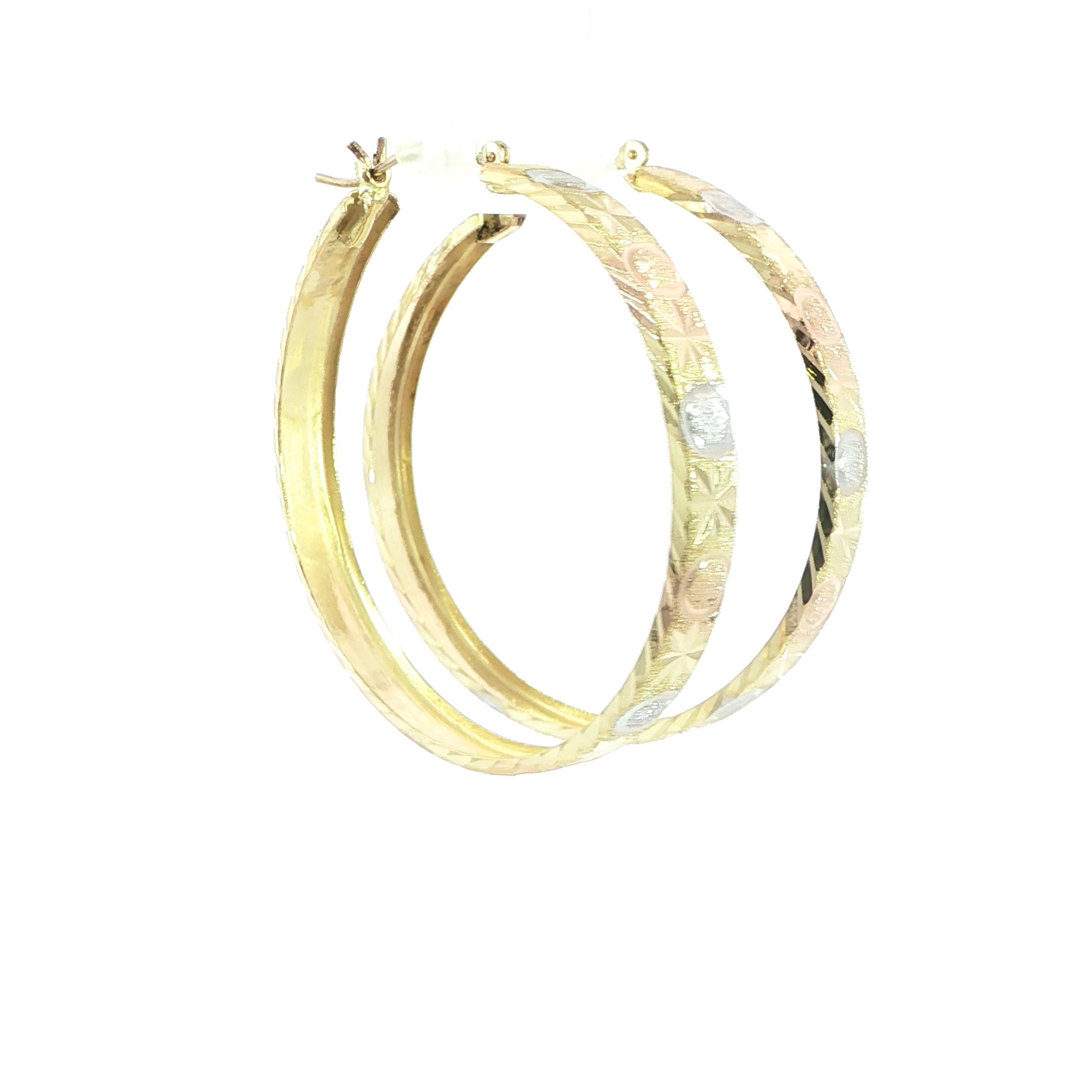 14K Tri-Color Textured Hoop Earrings