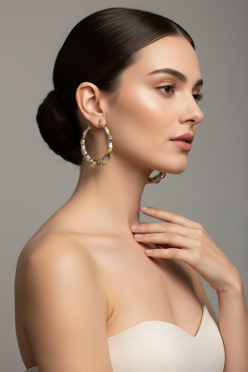 14K Two-Tone Bamboo Textured Hoop Earrings - 31 MM