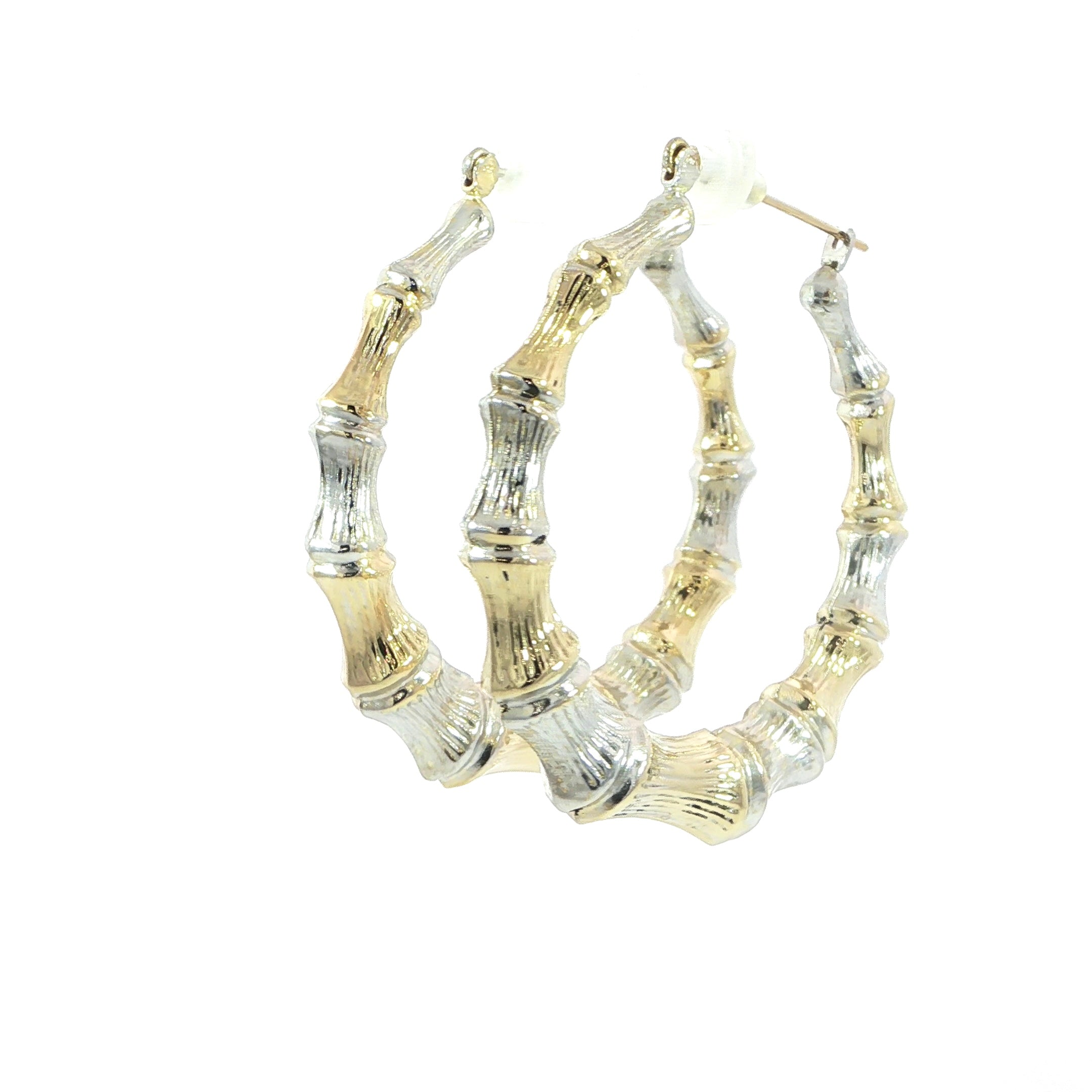 14K Two-Tone Bamboo Textured Hoop Earrings - 31 MM