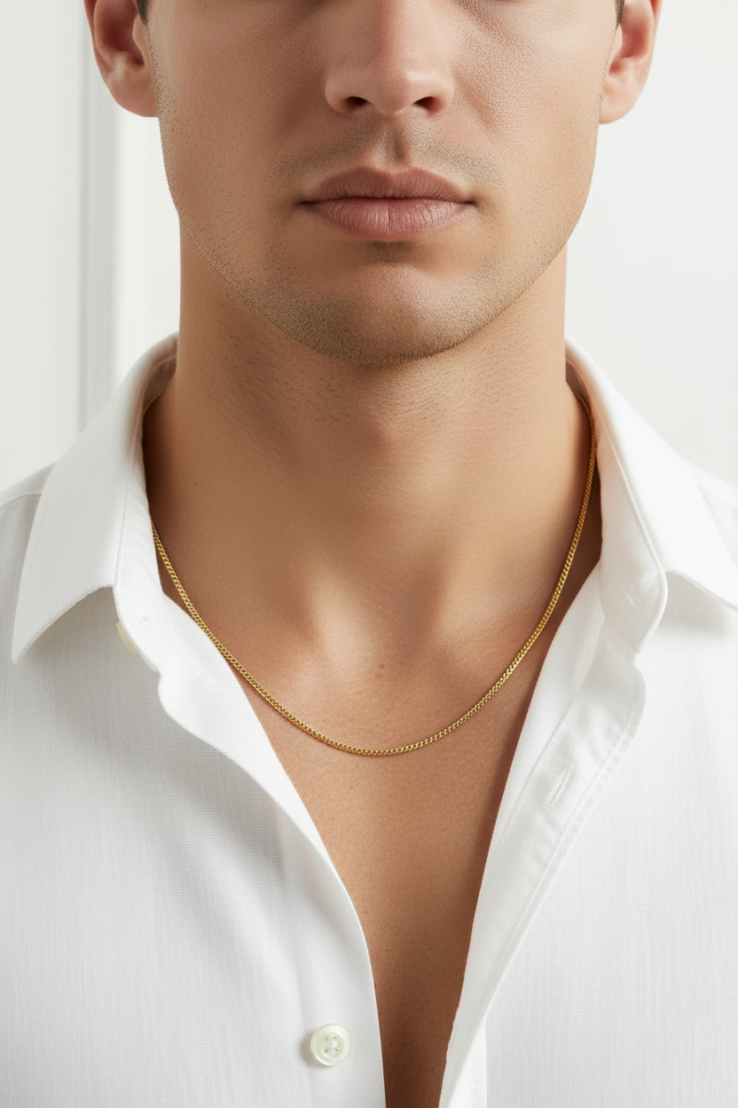 Model wearing Miami Cuban necklace in 14K gold