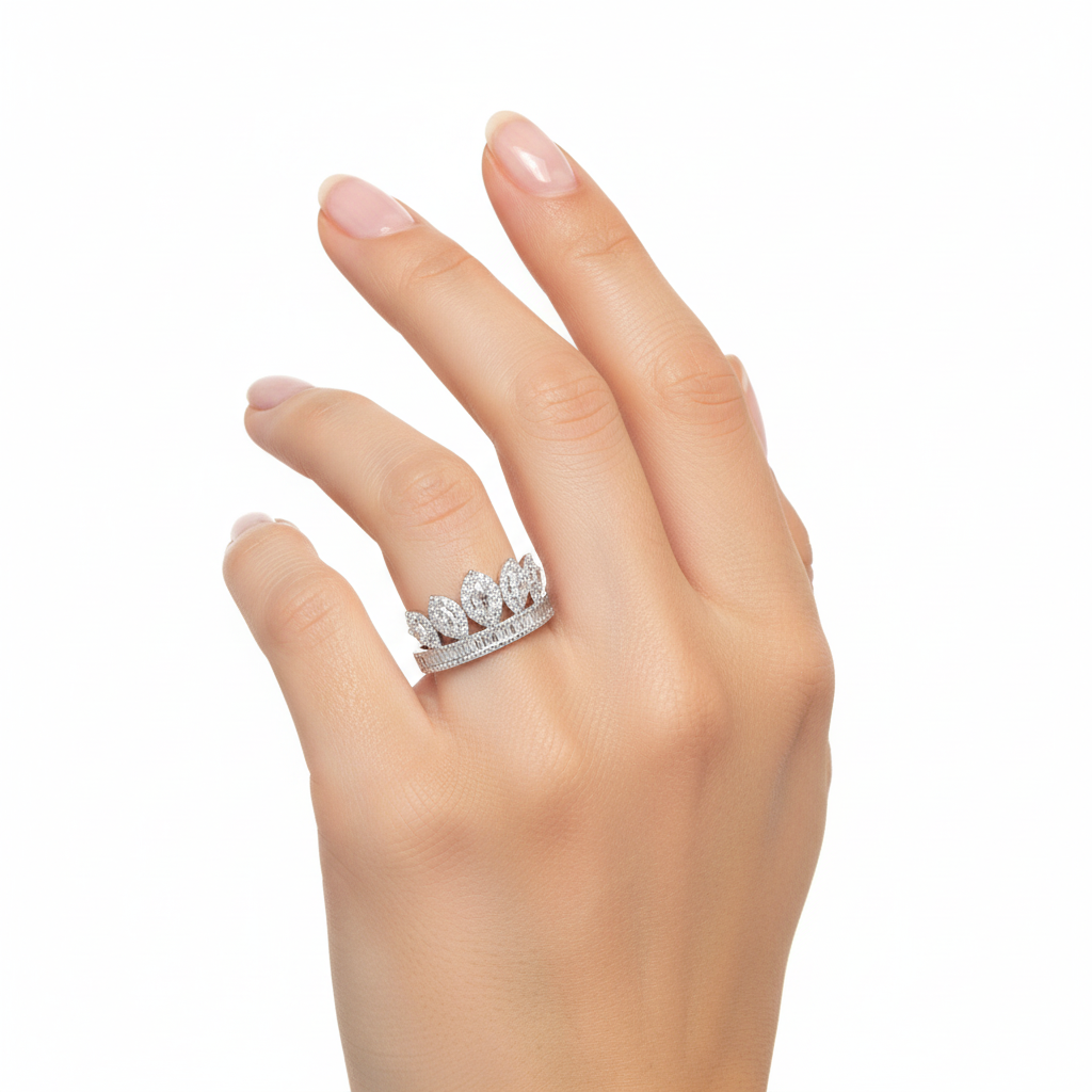 14k white gold diamond crown ring on model