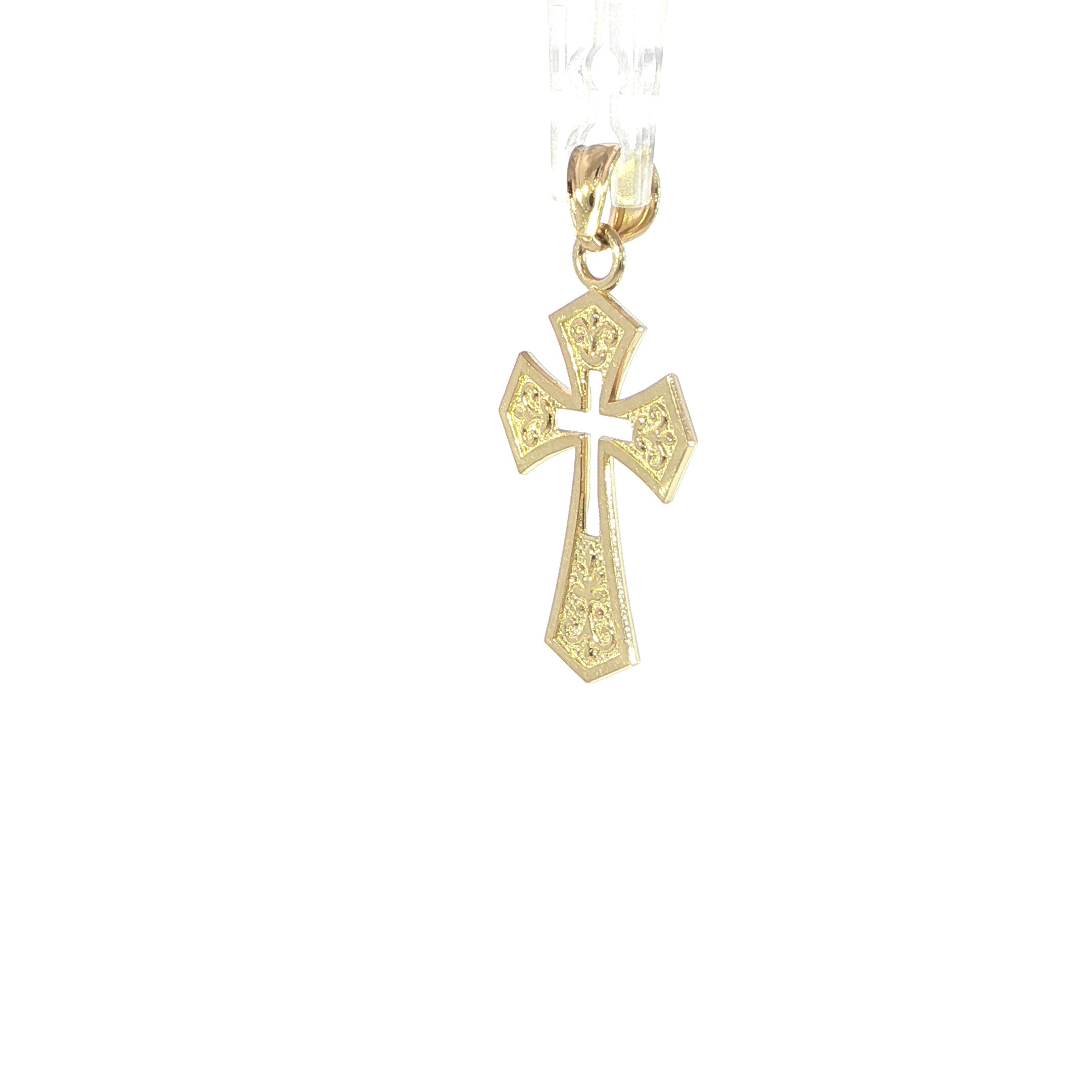 Side view of Fleur-de-Lis details on gold cross pendant