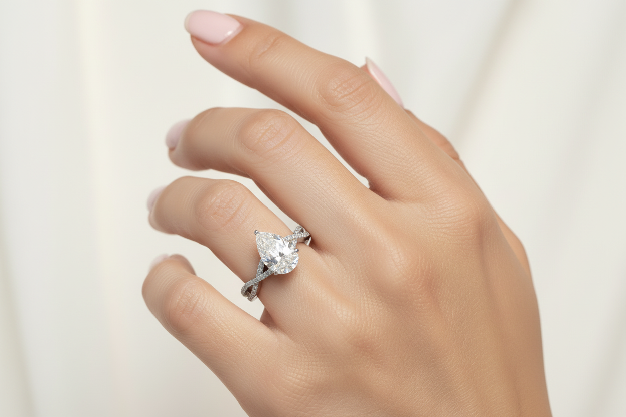 14K white gold pear diamond ring with twist band and hidden halo on model