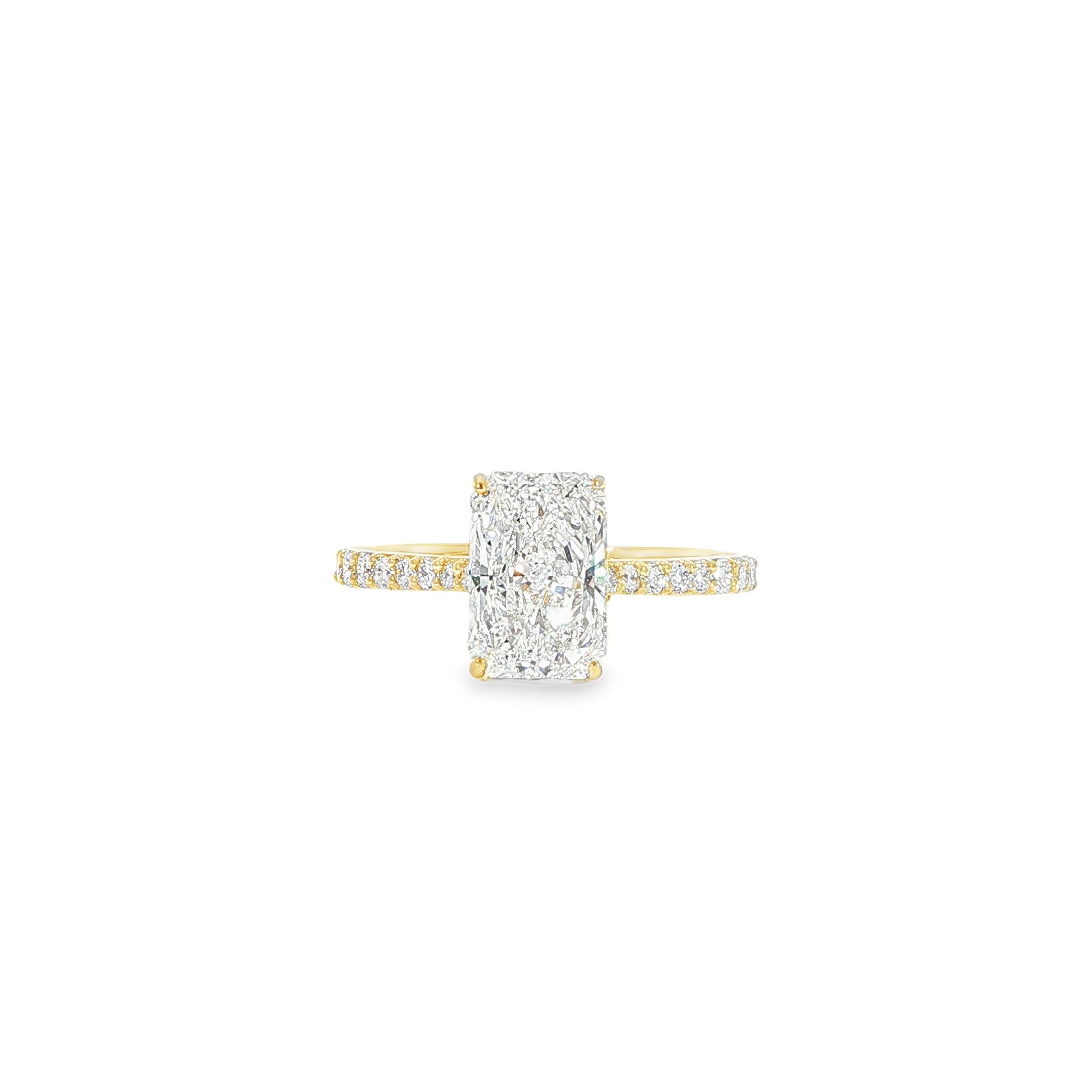 14K gold radiant lab diamond ring with 2 CT center, hidden halo, and pavé diamond band
