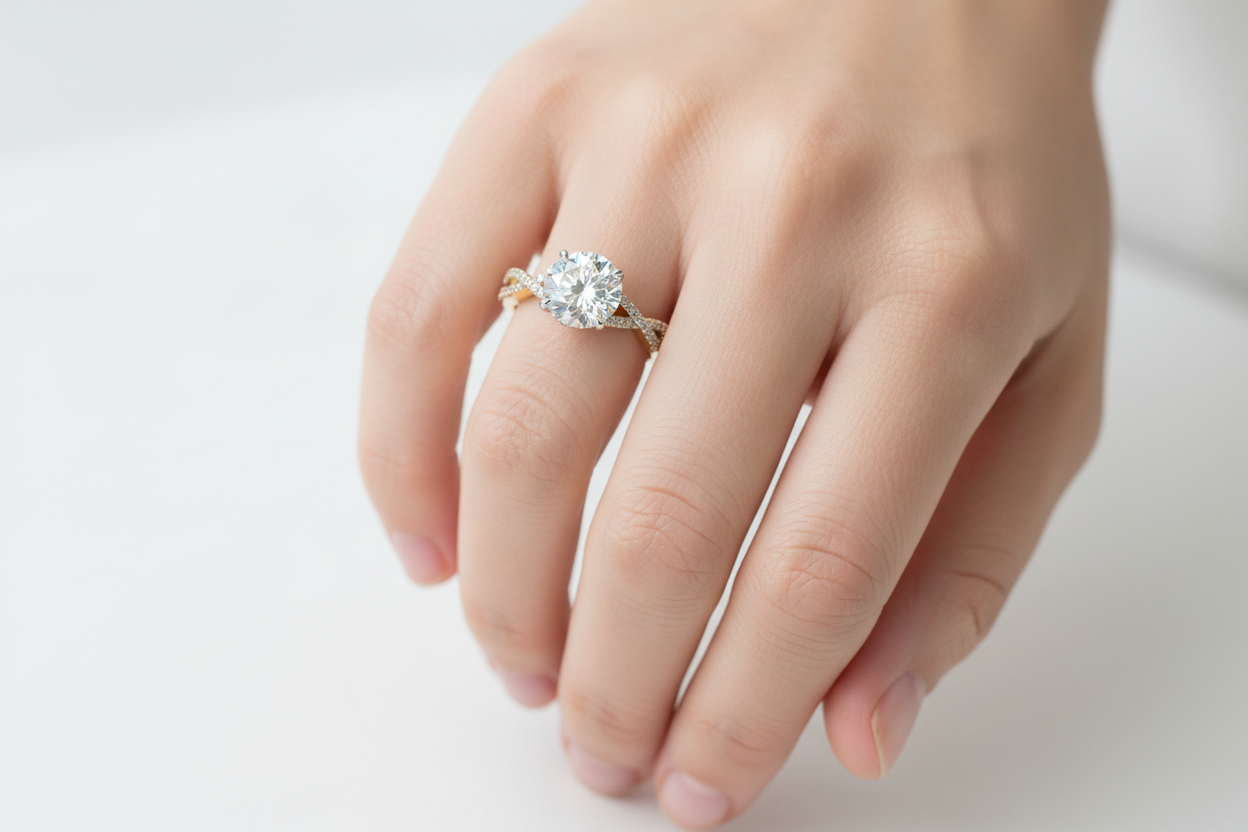 Close-up of round diamond ring with hidden halo and twist band in 14K yellow gold