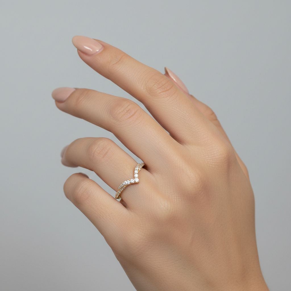 14K gold V-shaped contour band with lab-grown diamonds, stackable chevron design 0.29 CTW on hand model