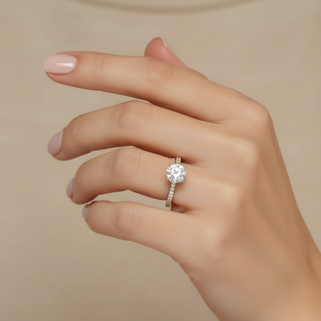 Close-up of round diamond engagement ring with diamond band and hidden halo
