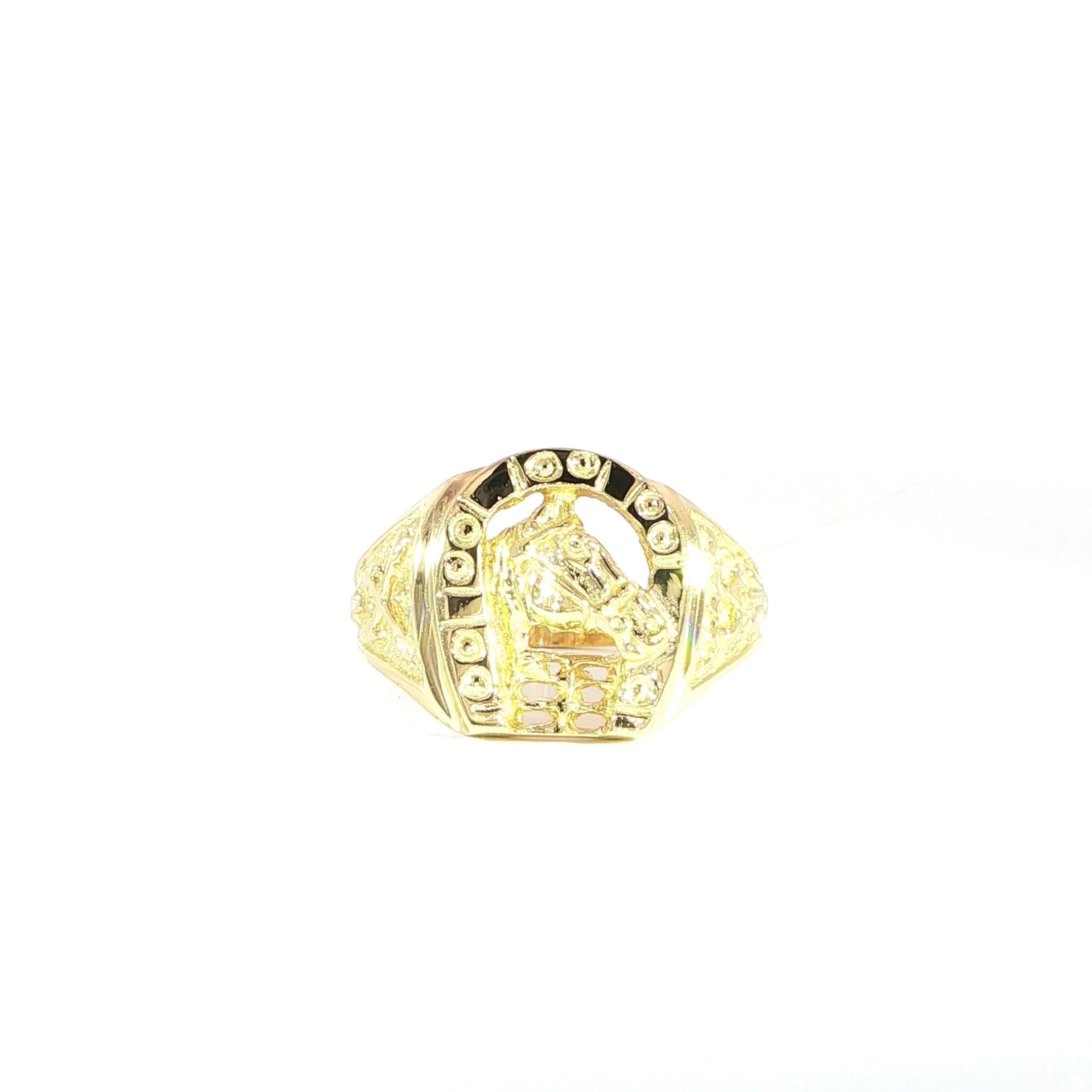 14K gold horse head horseshoe statement ring with detailed equestrian design