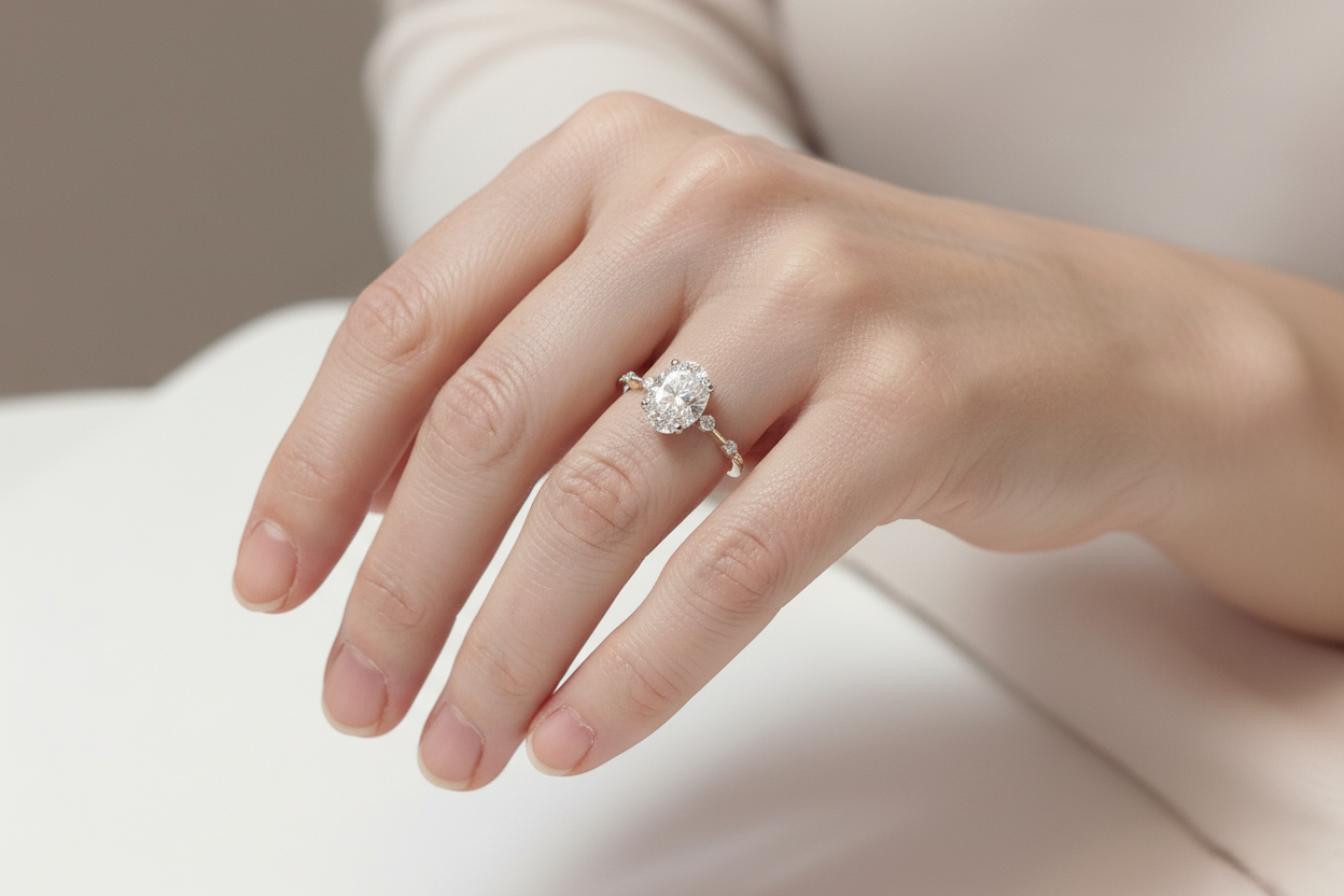 14K gold oval lab diamond engagement ring with 2 CT center and station diamond band on model