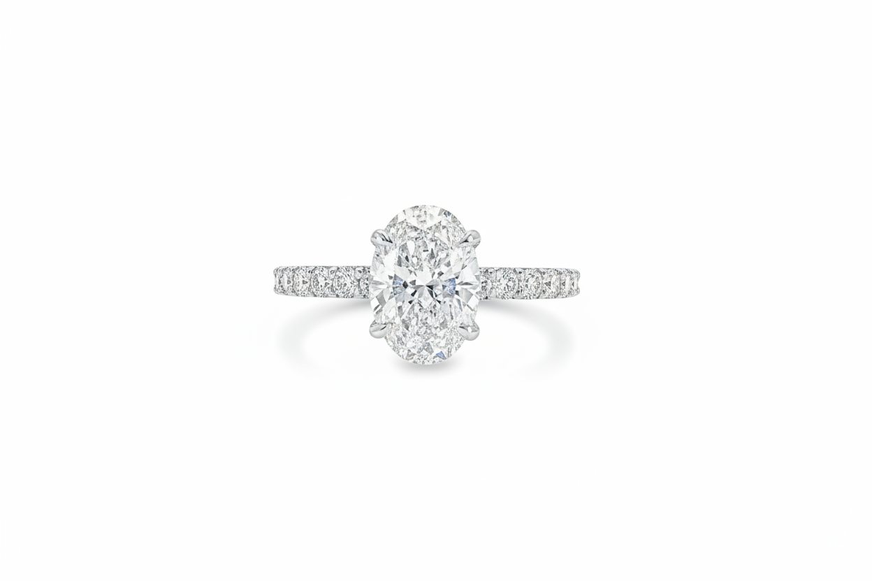 14K gold oval lab-grown diamond engagement ring with hidden halo