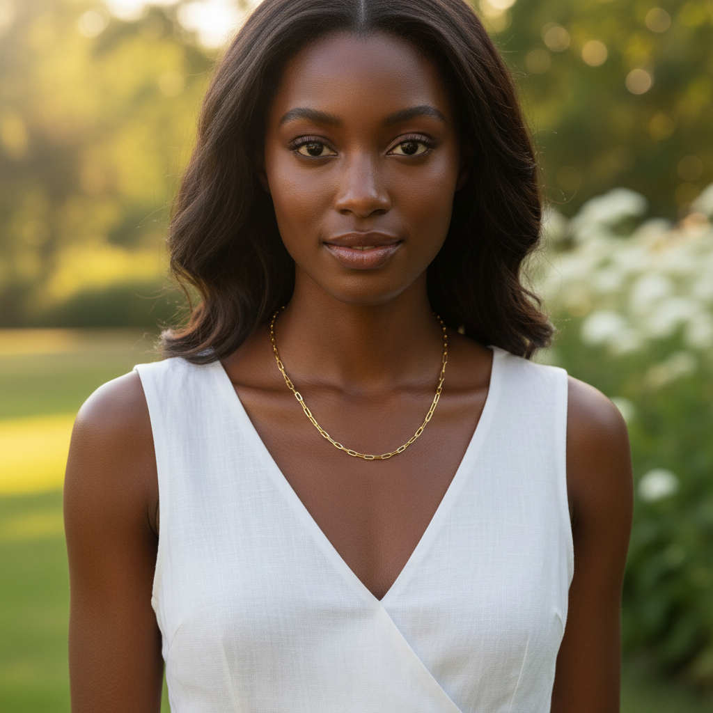 Model wearing 14K yellow gold paperclip link necklace
