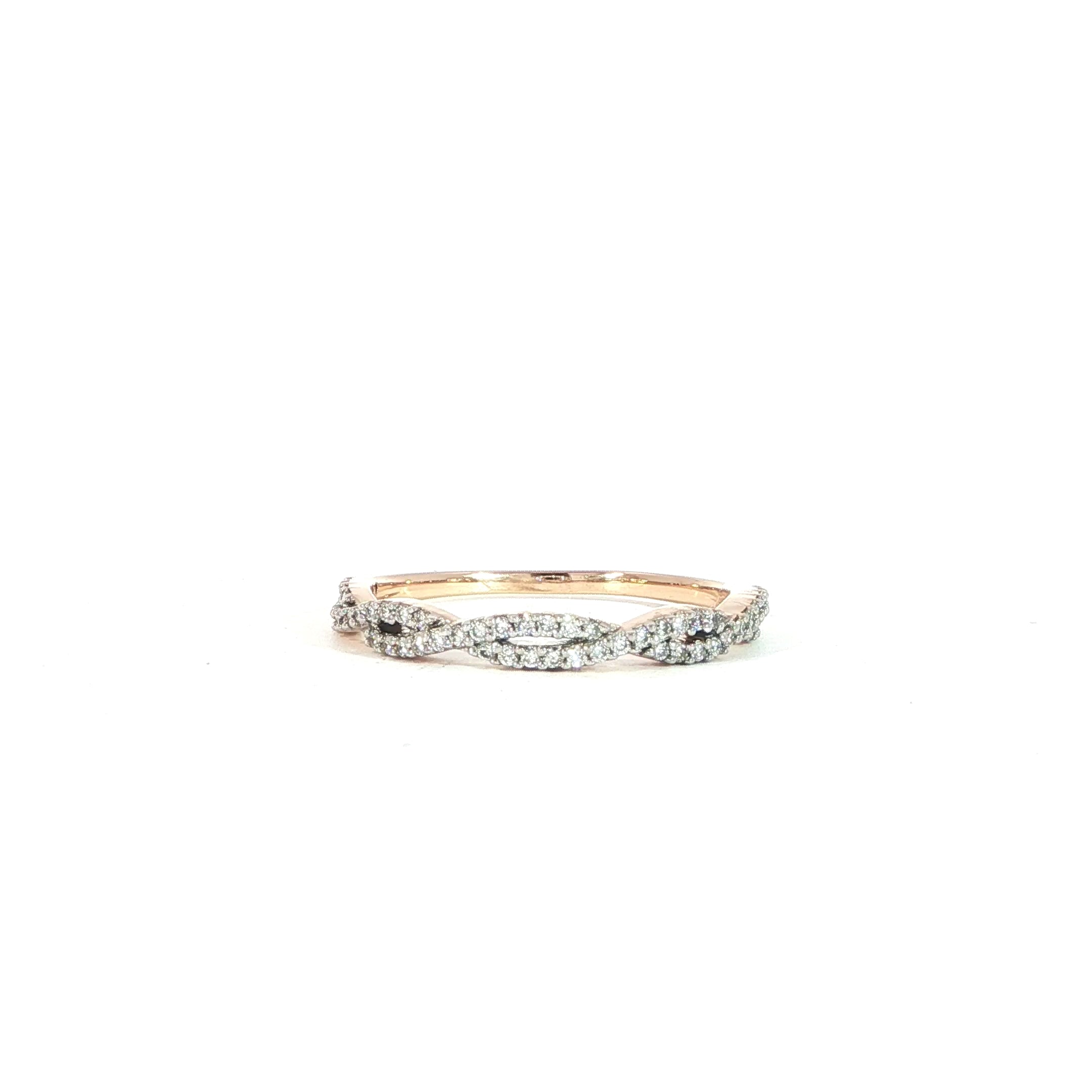 Close-up of 14K rose gold open twist diamond band with sparkling details