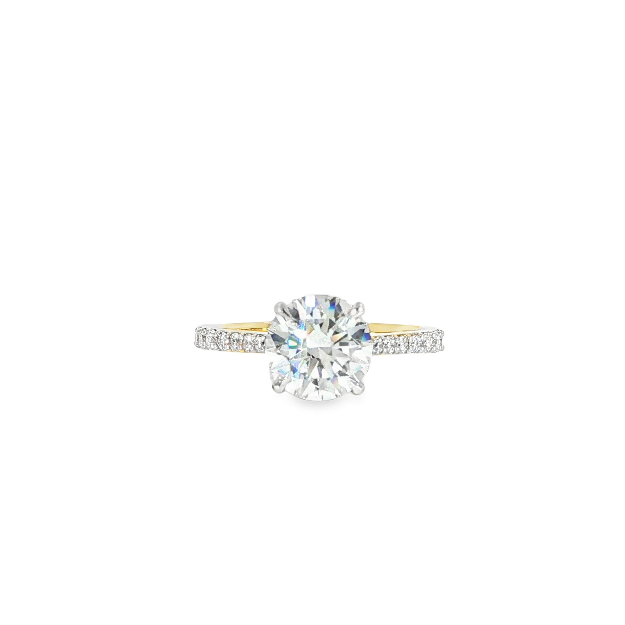 14K gold round lab diamond engagement ring with 2 CT center, cathedral setting, hidden halo, and diamond band
