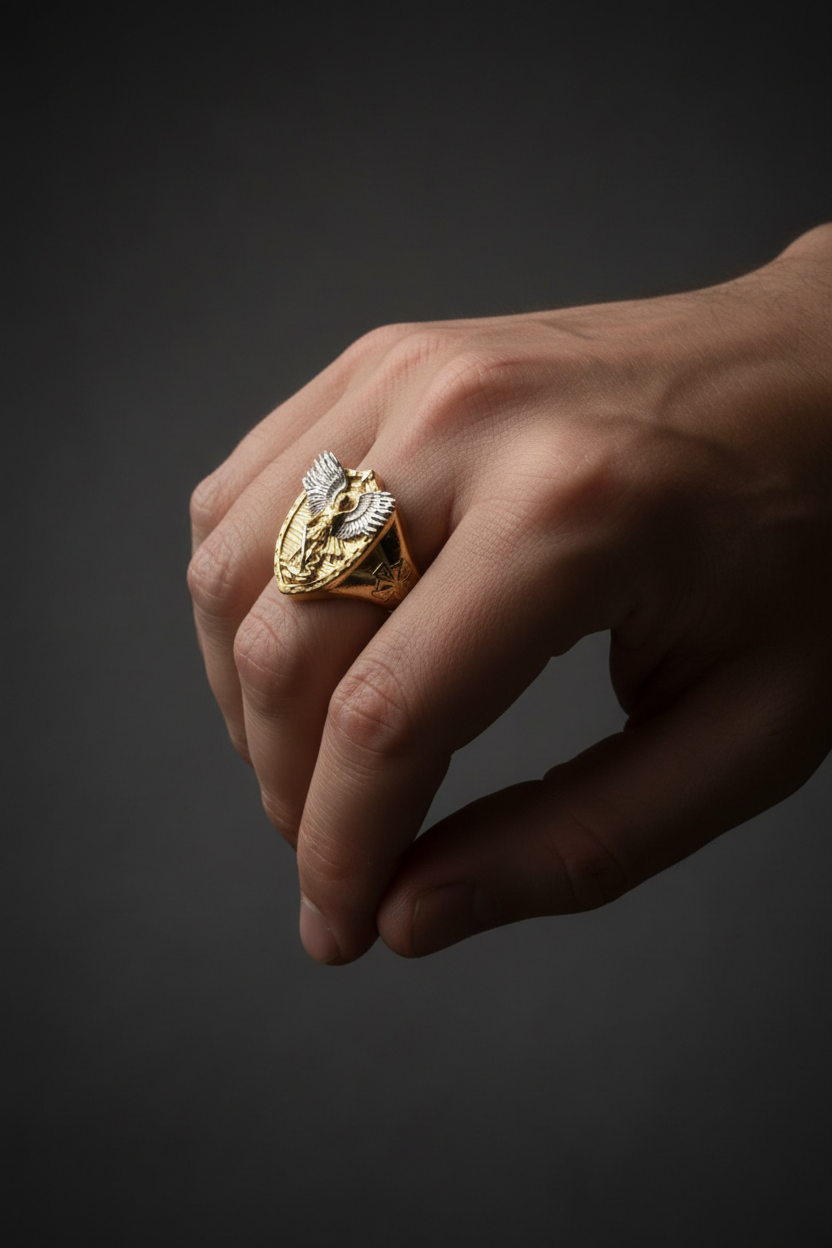 14K Saint Michael Archangel ring with white gold wings