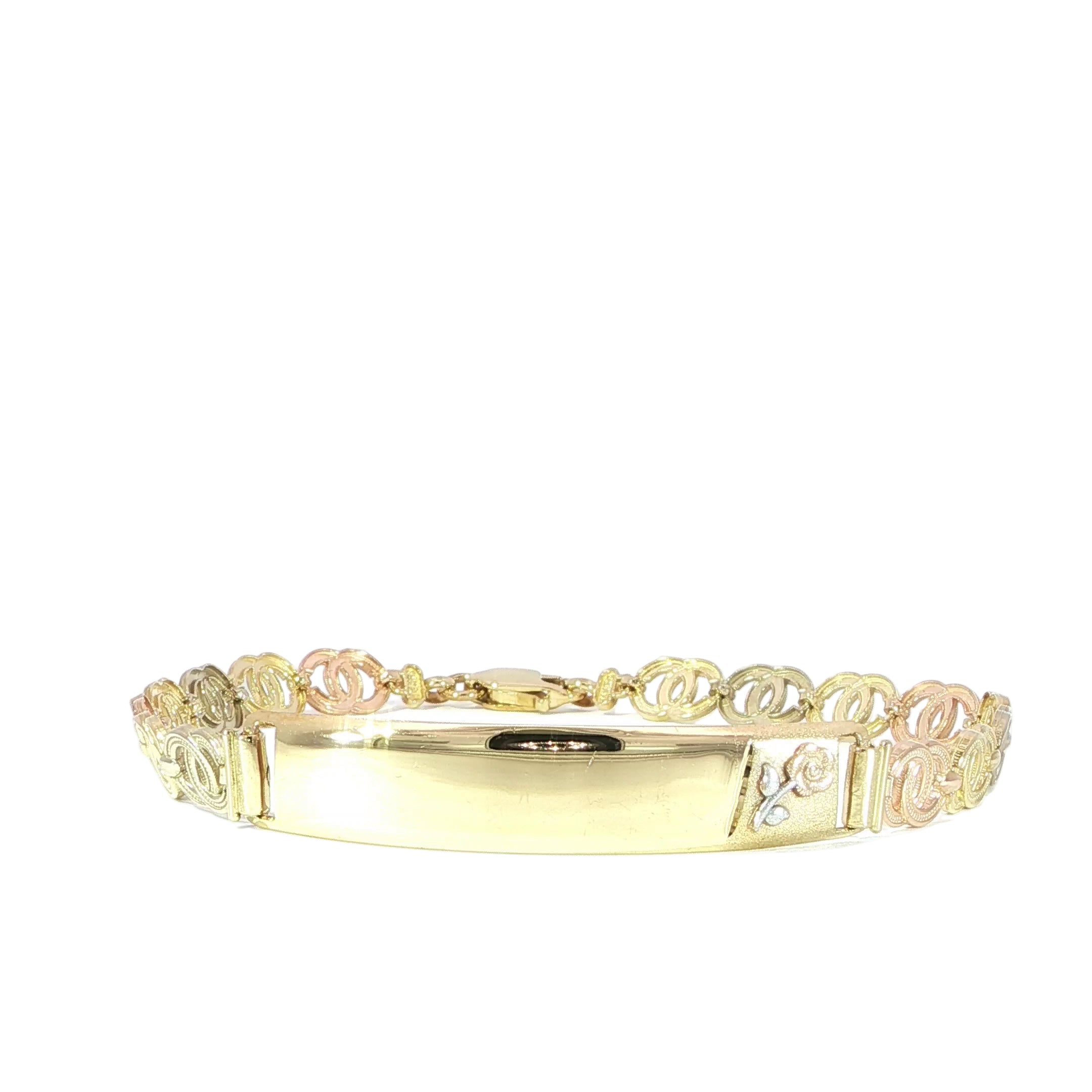 14K tri-color gold interlocking open circle ID bracelet with rose accented ID bar