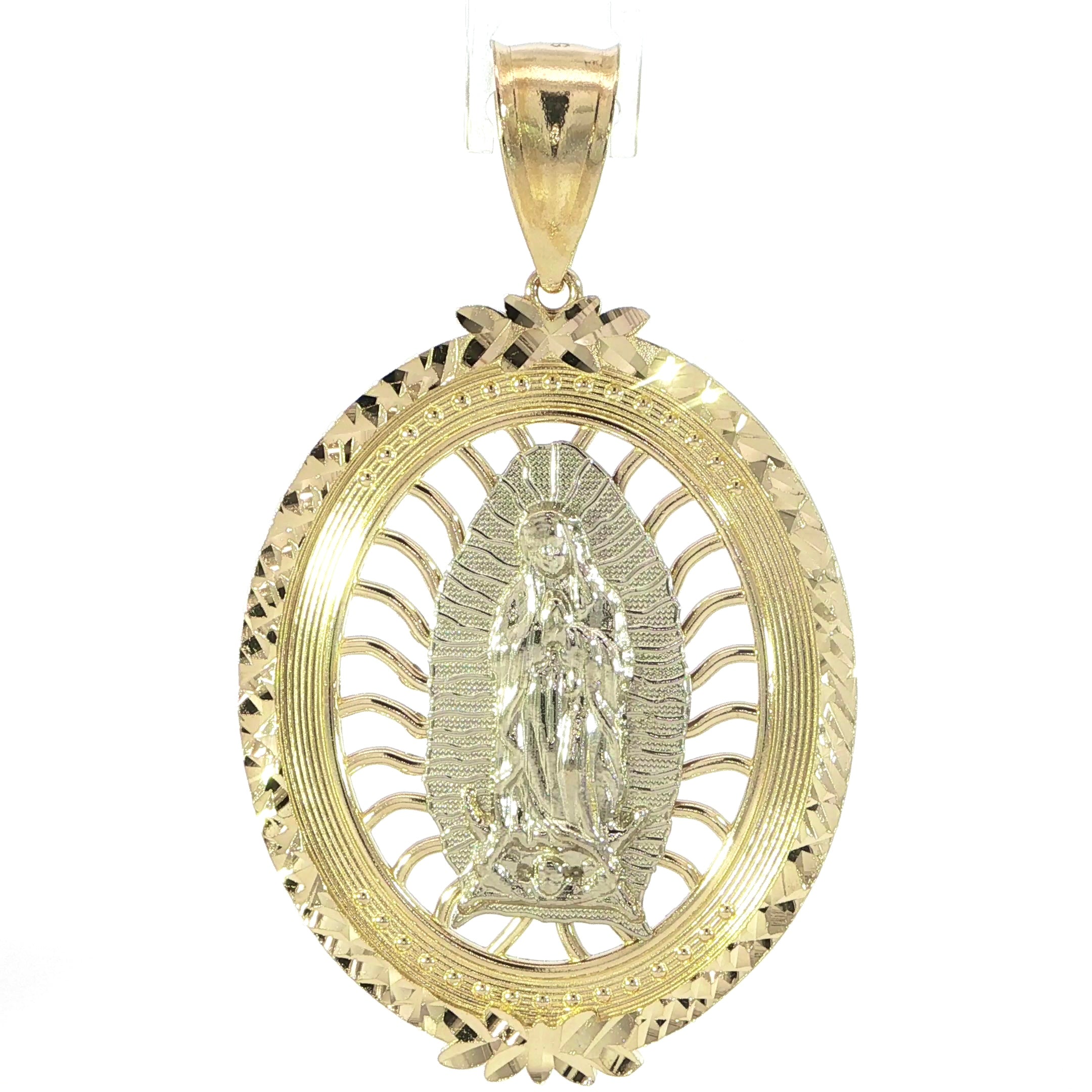14K Yellow and White Gold Our Lady of Guadalupe Diamond-Cut Openwork Medallion Pendant 44MM