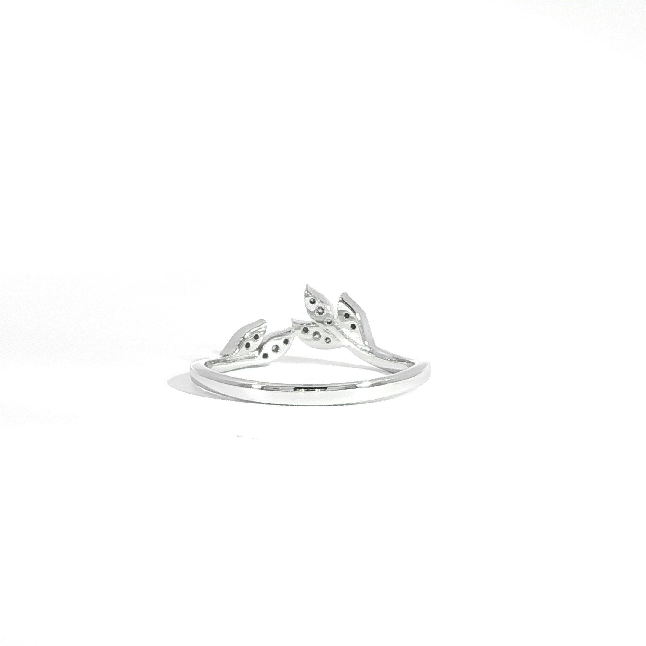 Back view of stackable 14K white gold diamond leaf ring