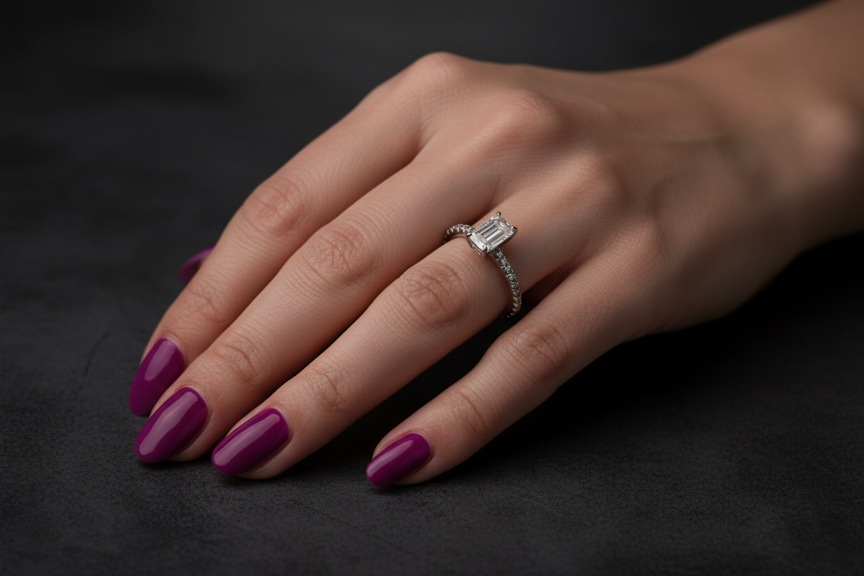 14K white gold emerald cut lab grown diamond ring with diamond band