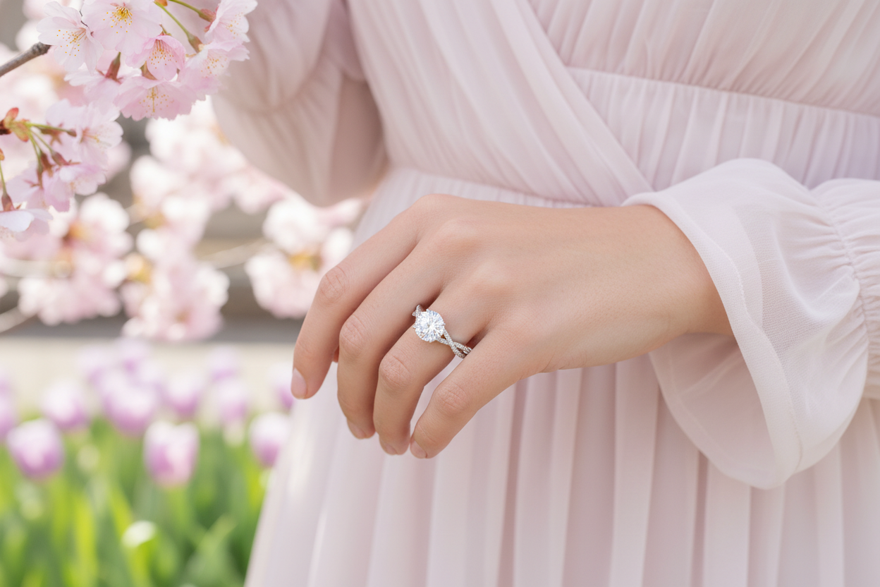 Model wearing 14K white gold twist band diamond ring with hidden halo and brilliant sparkle