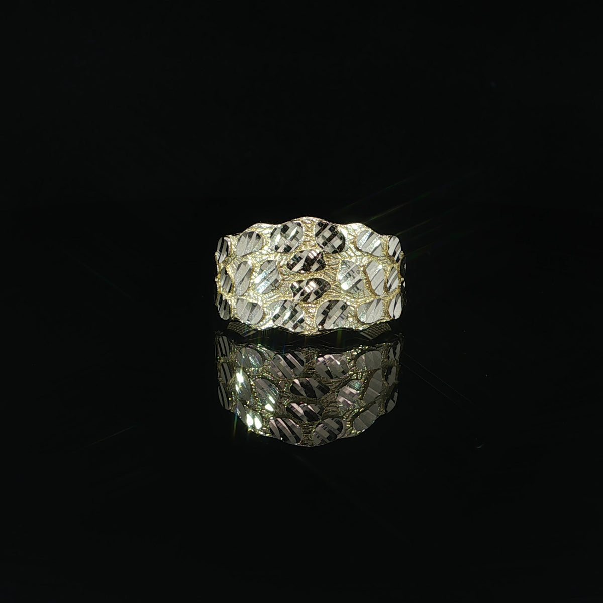 Front view of a men's 14K yellow gold nugget ring featuring a 14mm wide top with textured gold detailing and reflective oval-shaped diamond-cut facets.