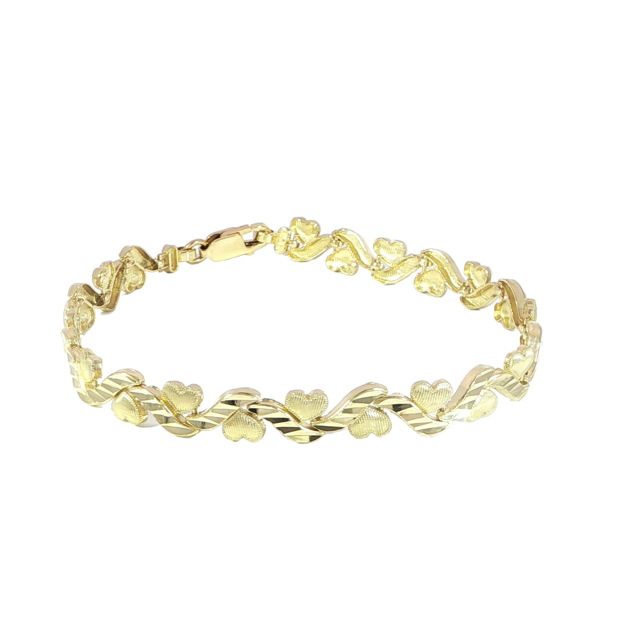 14K yellow gold diamond-cut heart link bracelet with ribbon-inspired links