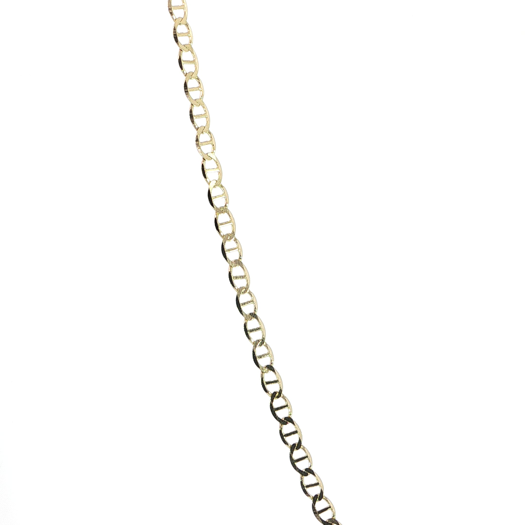 14K yellow gold flat mariner link necklace closeup