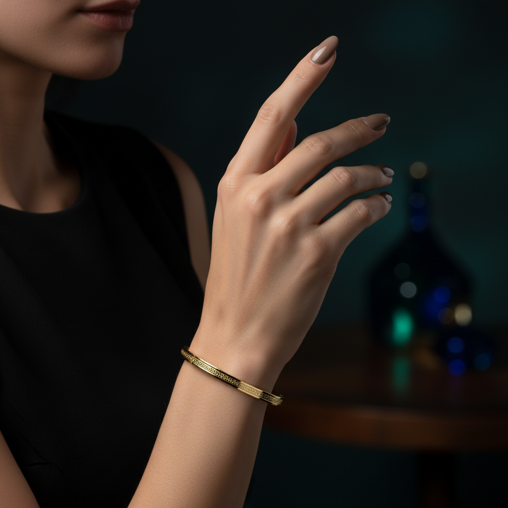 Luxury yellow gold bangle featuring Greek key design