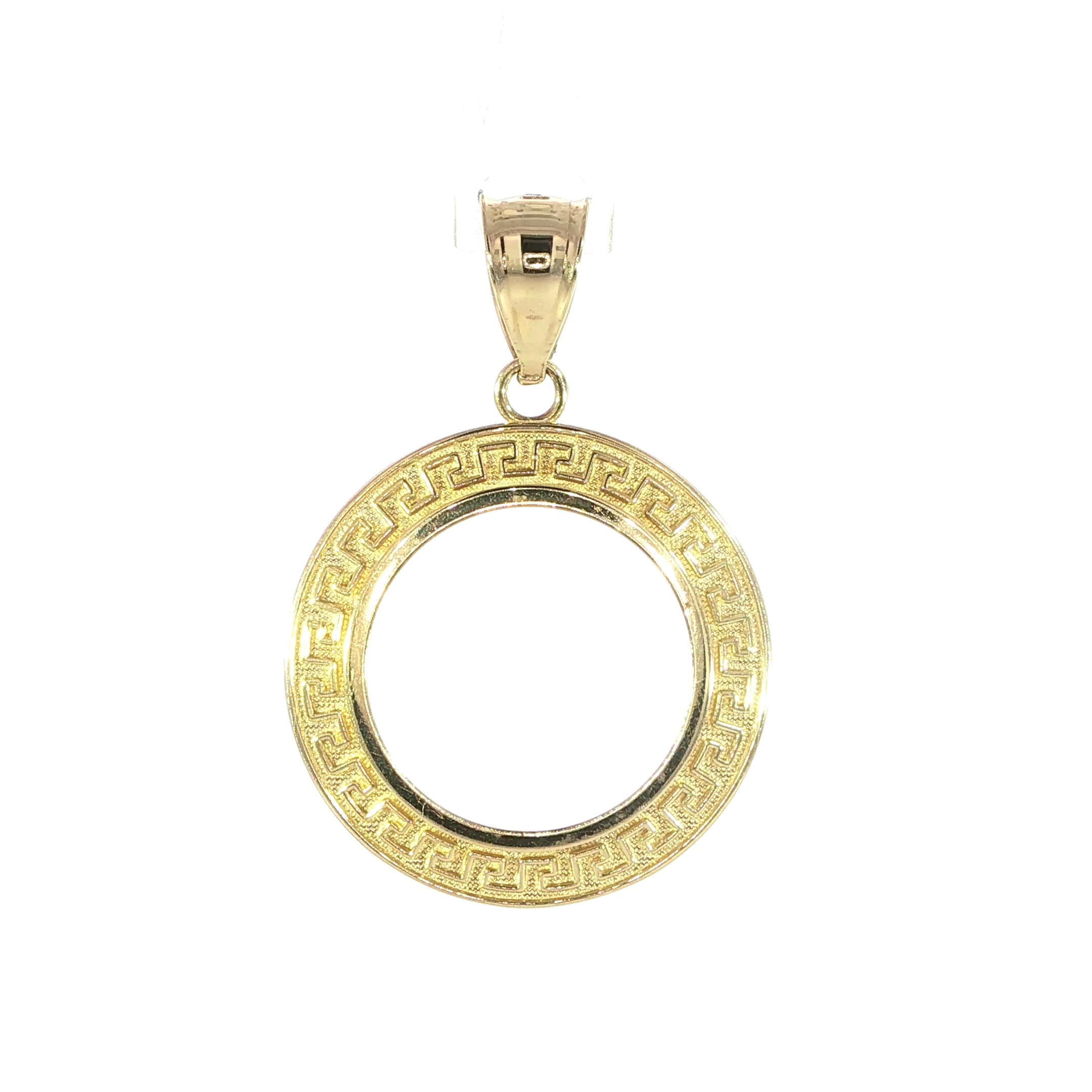 14K yellow gold Greek key circle picture frame pendant
