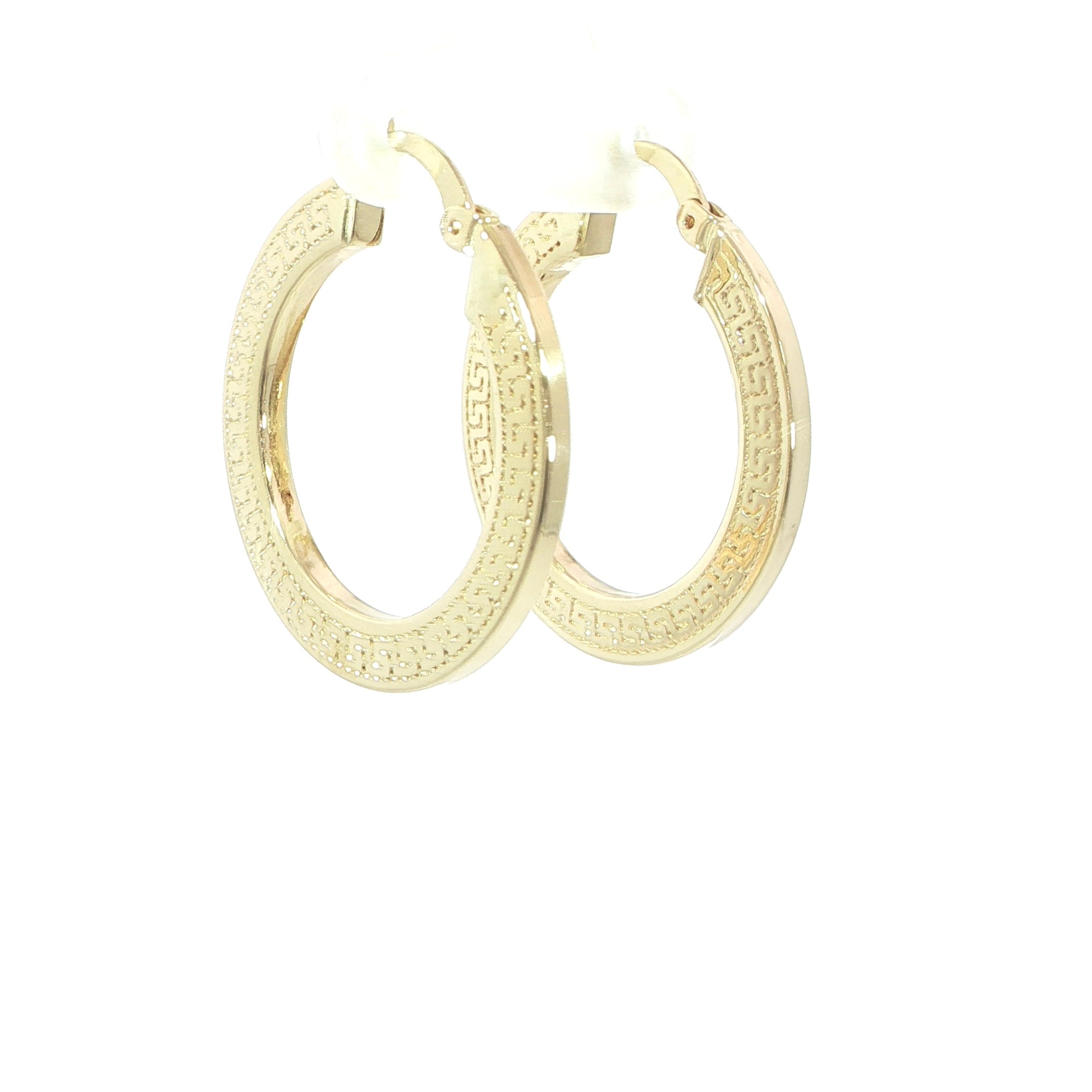 14K yellow gold Greek Key hoop earrings with engraved side design and polished finish