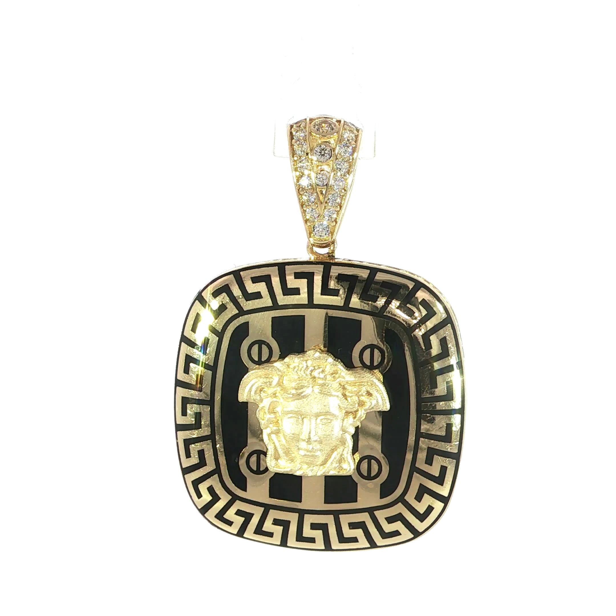 14K Yellow Gold Greek Lion Head Pendant with Black Enamel and Cubic Zirconia