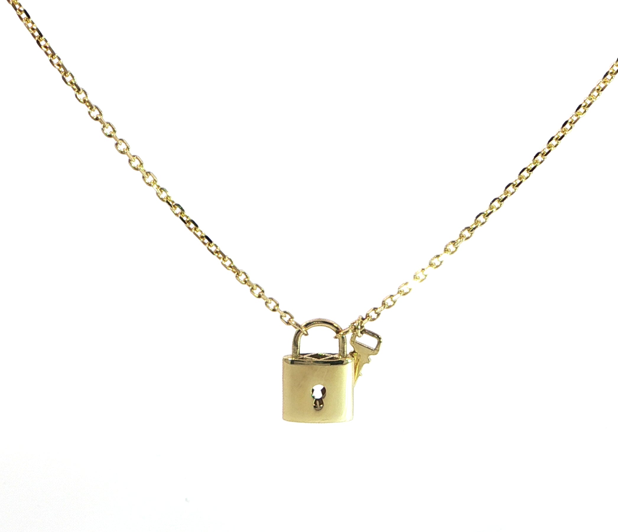 14K gold lock & key charm necklace close-up