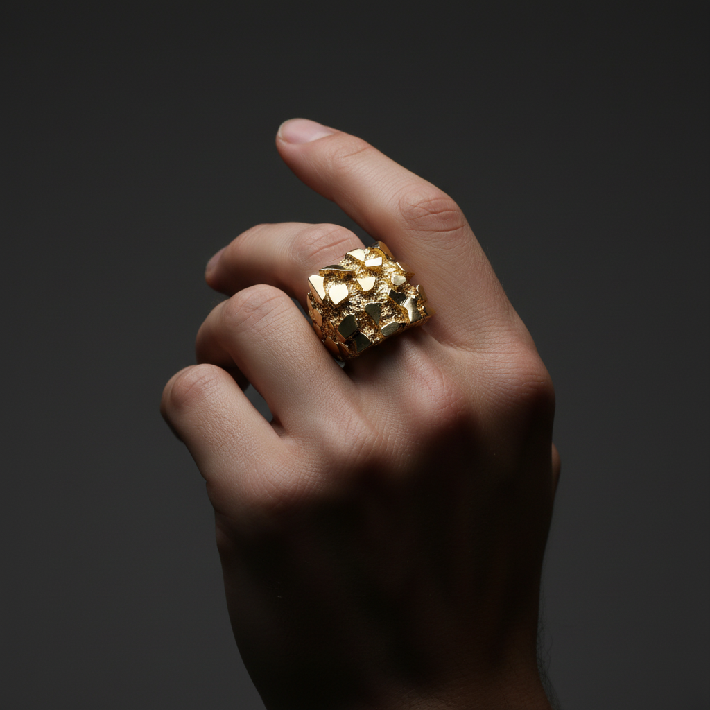 14k yellow gold nugget ring on hand model
