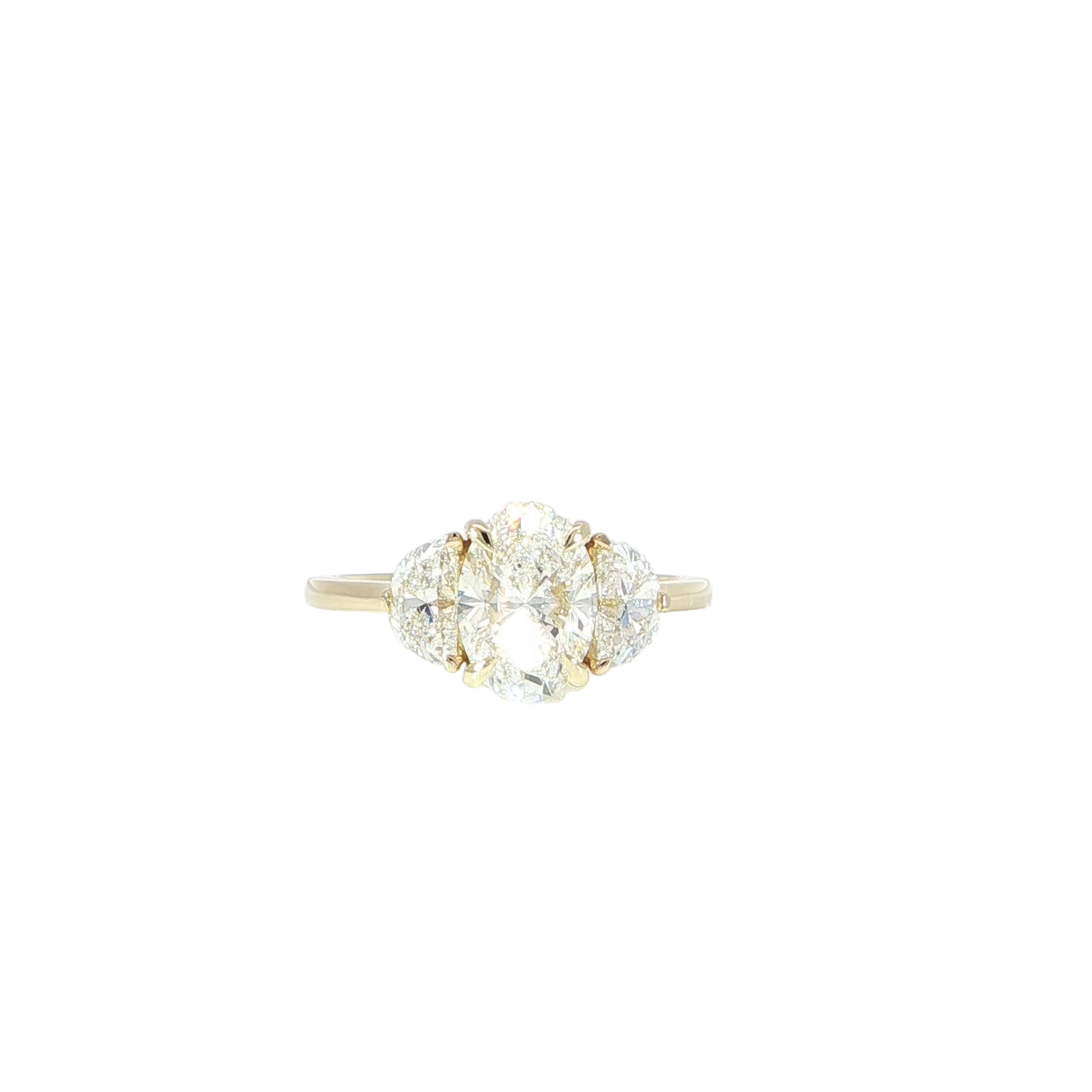 14K yellow gold oval 3-stone diamond ring with lab-grown E VVS2 diamonds and half moon side stones