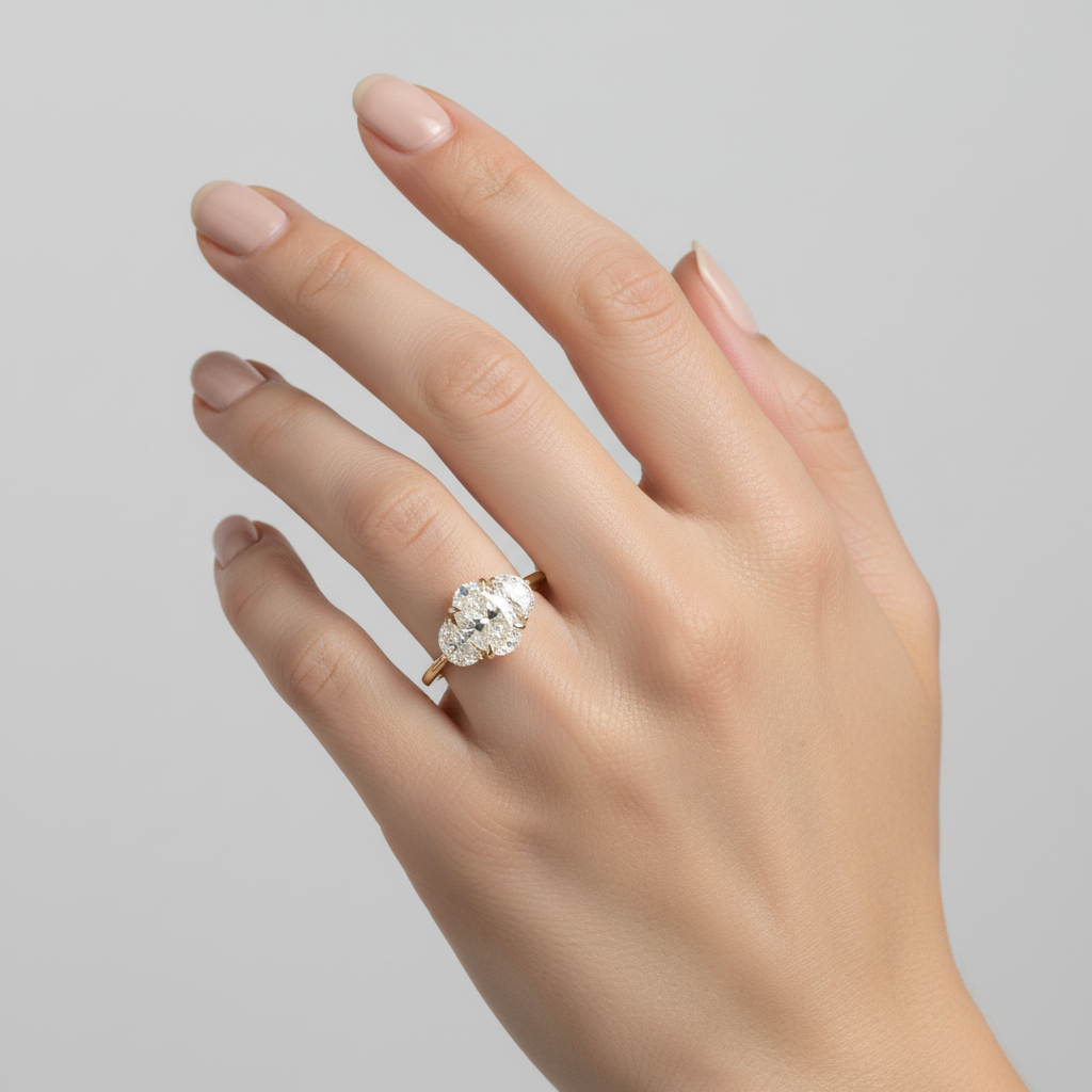 Oval 1.52 carat lab diamond ring in 14K yellow gold with half moon side stones