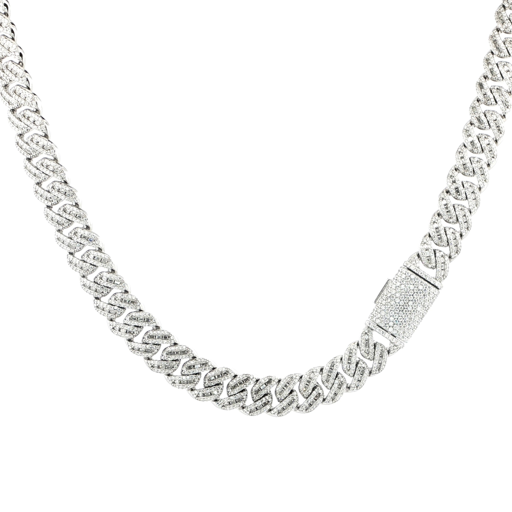 Sterling Silver Solid Miami Cuban Chain Necklace with VVS-D Moissanite Stones, Three Color Options
