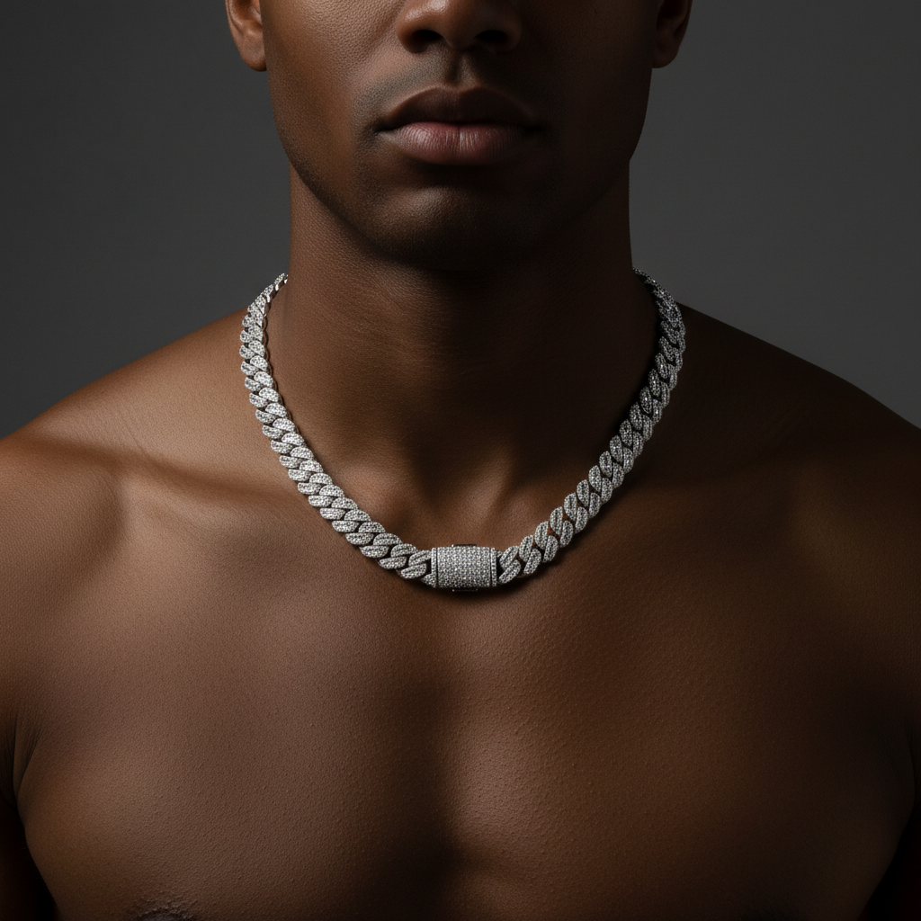 Sterling Silver Solid Miami Cuban Chain Necklace- 14mm- VVS Moissanite