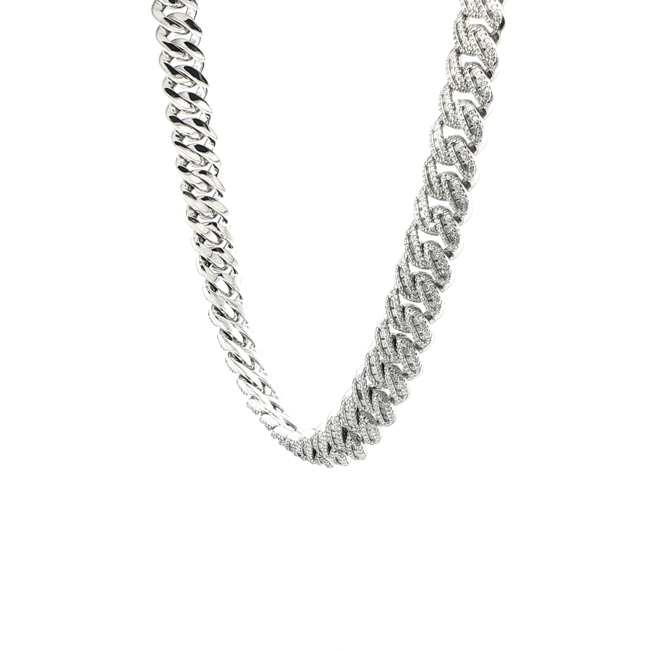 Sterling Silver Solid Miami Cuban Chain Necklace with VVS-D Moissanite Stones, Three Color Options