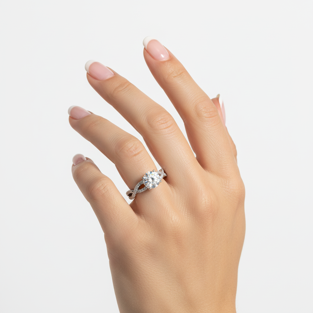 3CT Round Moissanite Infinity Twist Ring on Hand Model